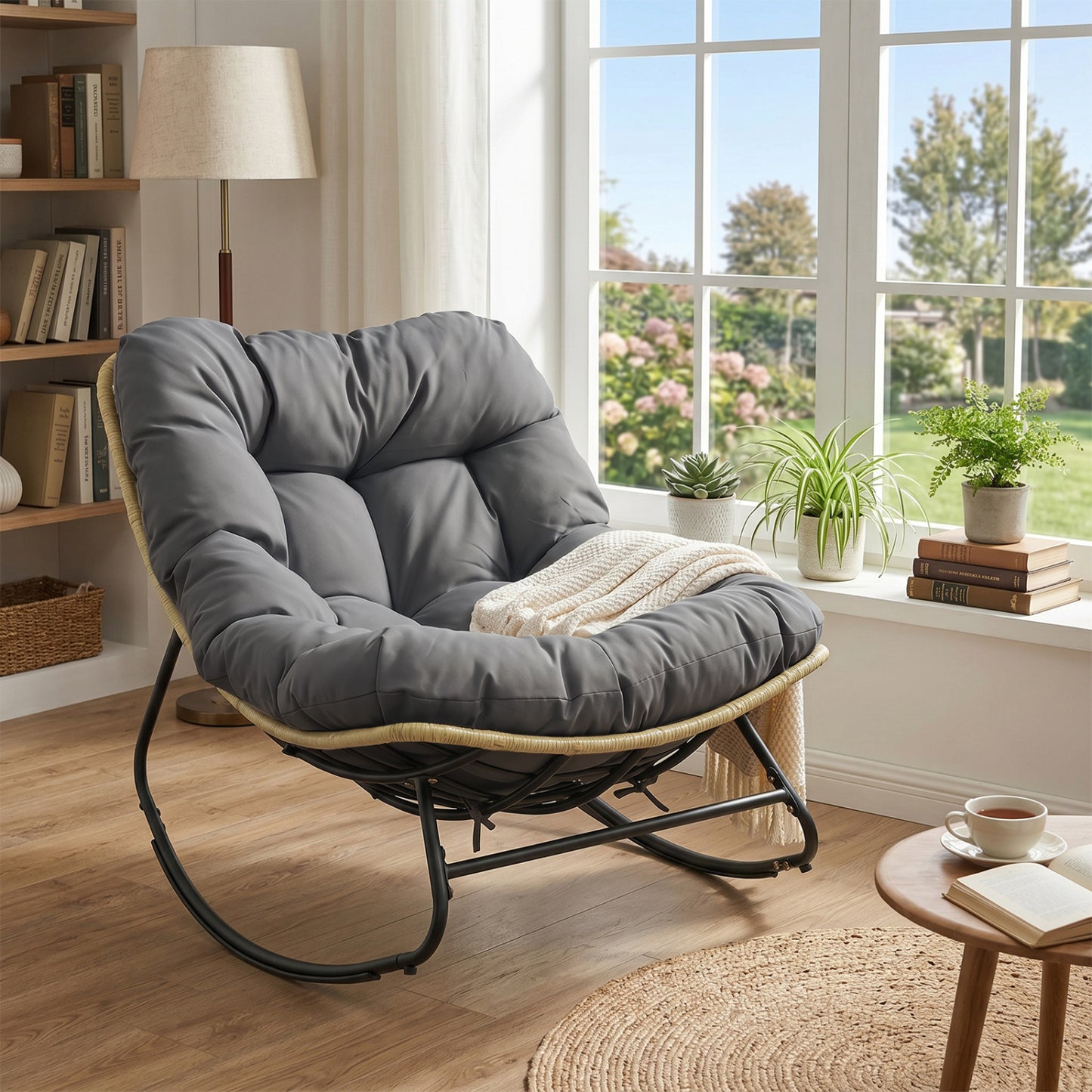 Papasan Rocking Chair with Thick Cushion for Patio - Gray