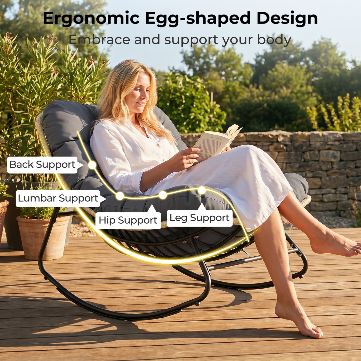 Papasan Rocking Chair with Thick Cushion for Patio - Gray