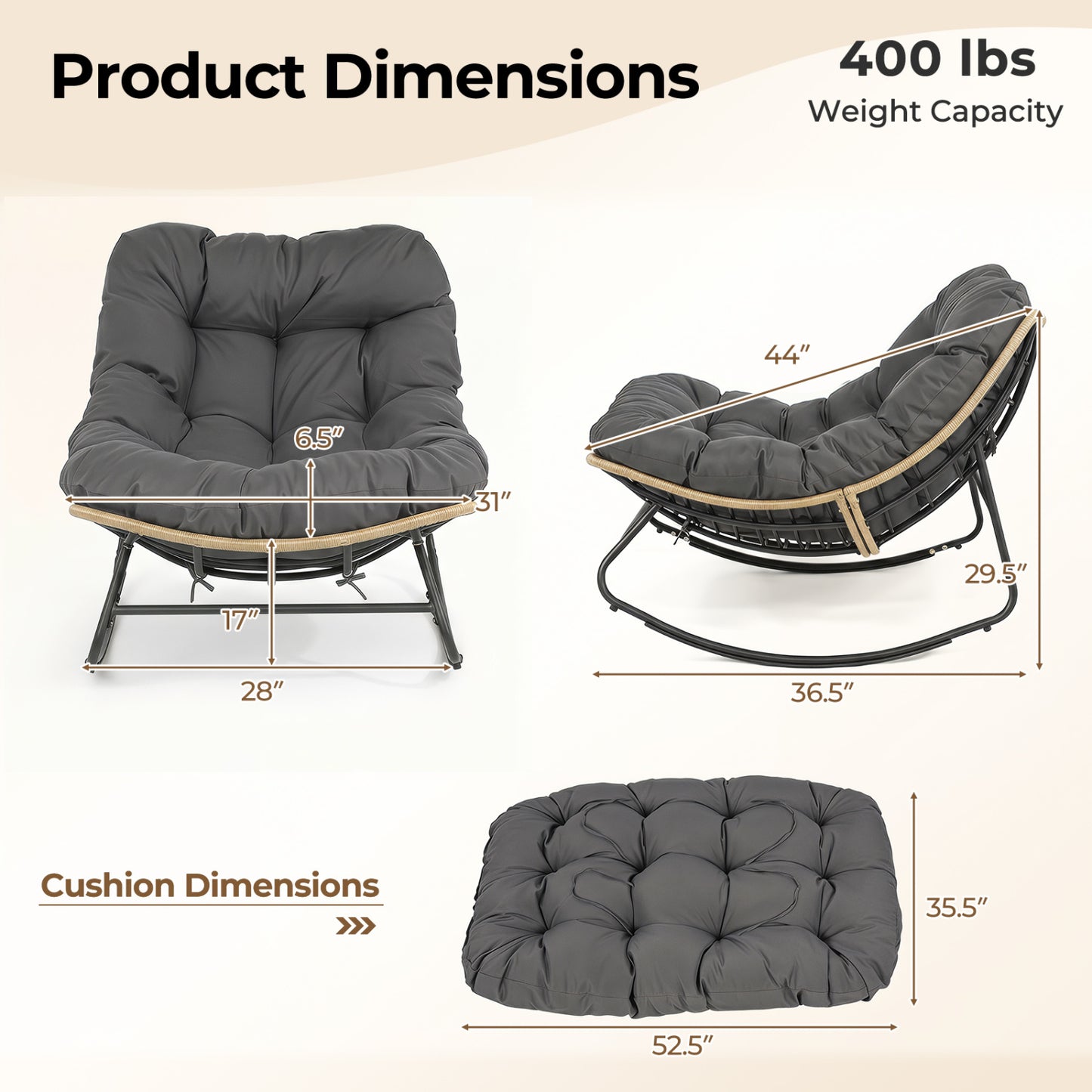 Papasan Rocking Chair with Thick Cushion for Patio - Gray