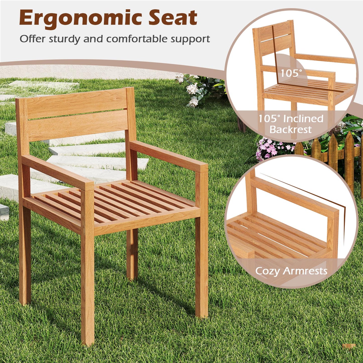 Teak Wood Patio Dining Armchair with Inclined Backrest