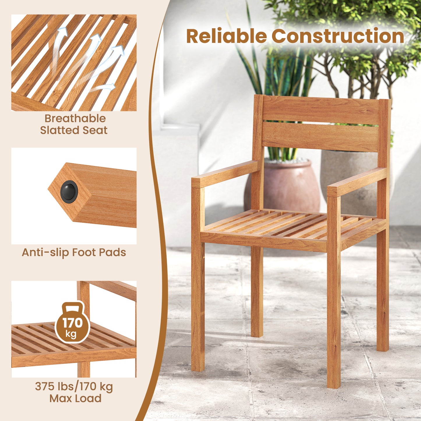 Teak Wood Patio Dining Armchair with Inclined Backrest