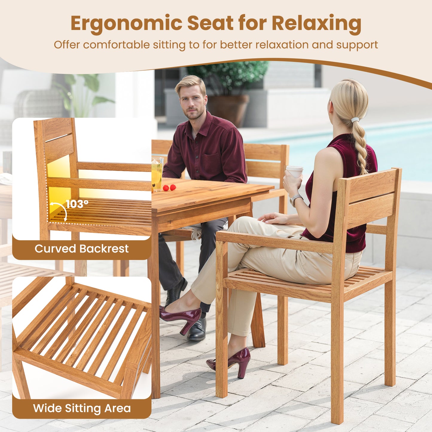 Teak Wood Patio Dining Armchair with Inclined Backrest