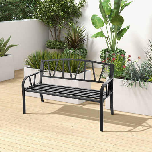 Metal Patio Bench with Slatted Seat - 2 Person Outdoor Seating
