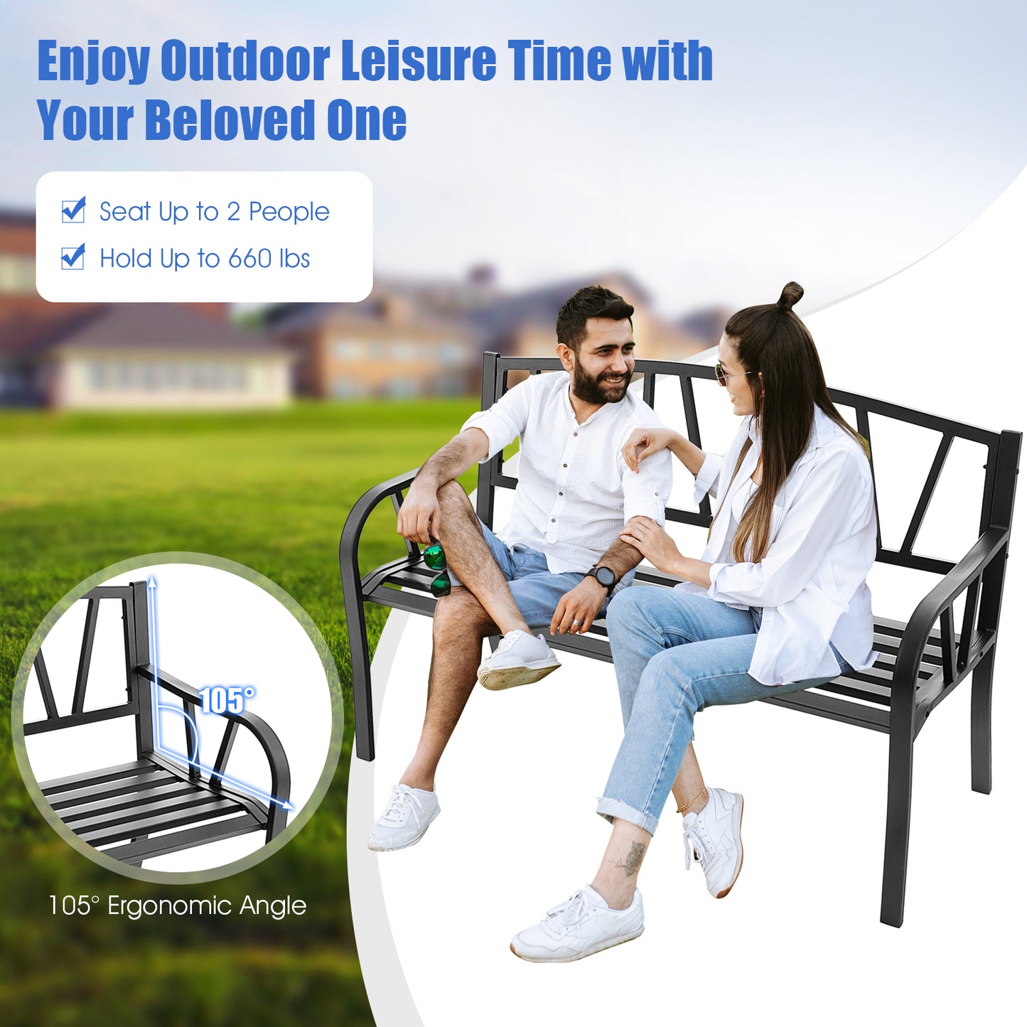 Metal Patio Bench with Slatted Seat - 2 Person Outdoor Seating
