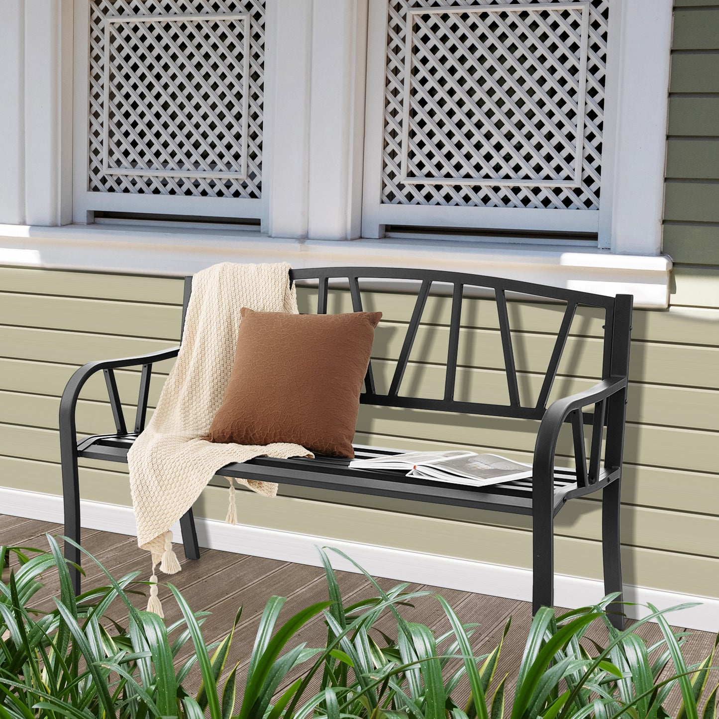 Metal Patio Bench with Slatted Seat - 2 Person Outdoor Seating