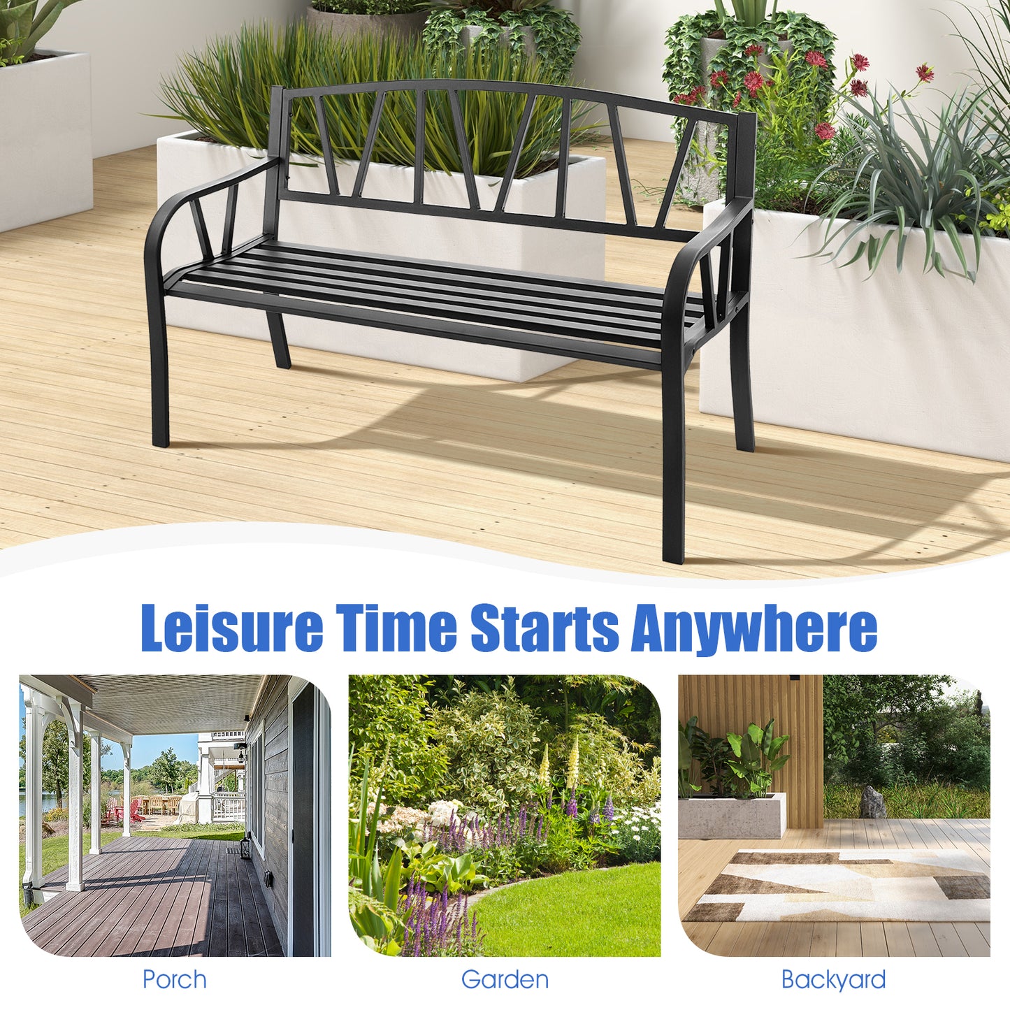 Metal Patio Bench with Slatted Seat - 2 Person Outdoor Seating