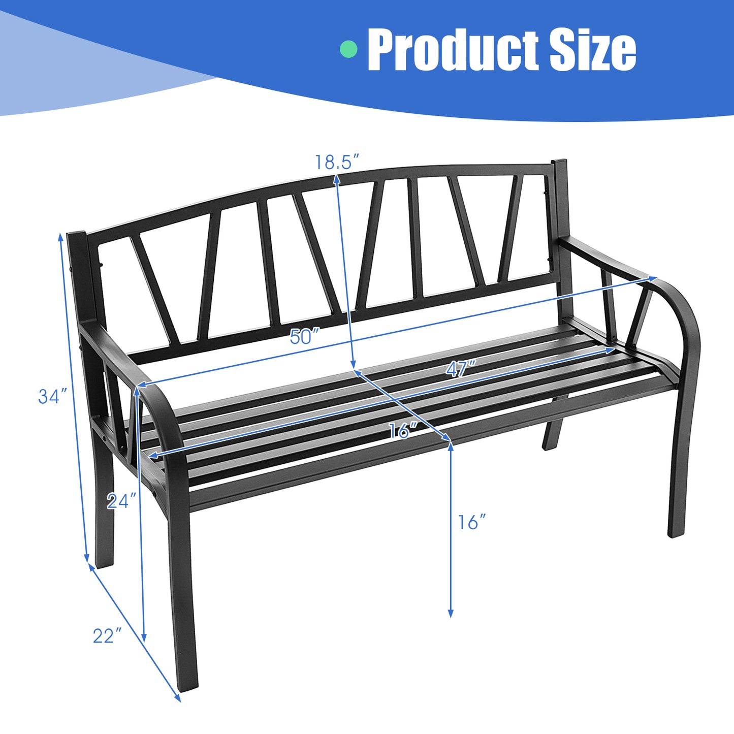 Metal Patio Bench with Slatted Seat - 2 Person Outdoor Seating