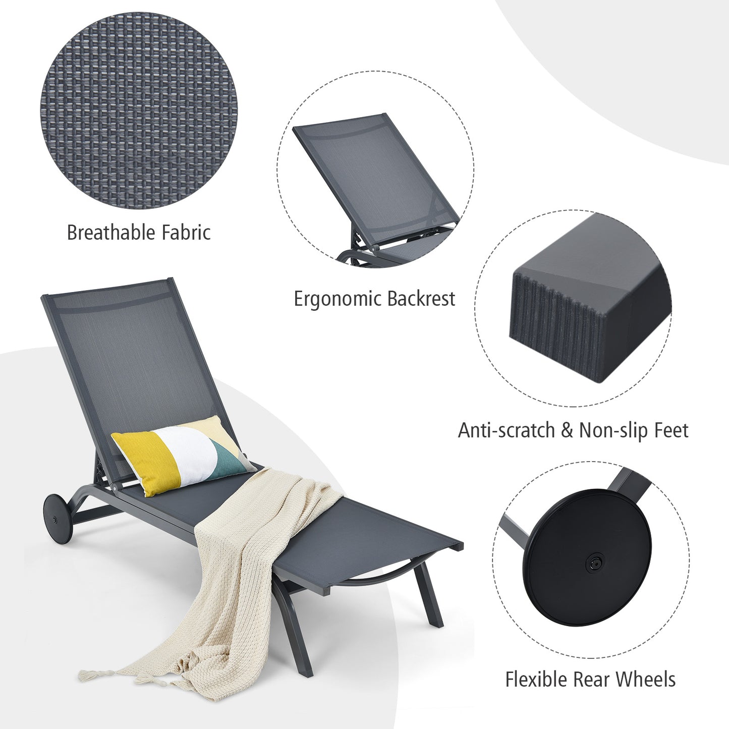 Adjustable Outdoor Chaise Lounge Chair with Wheels