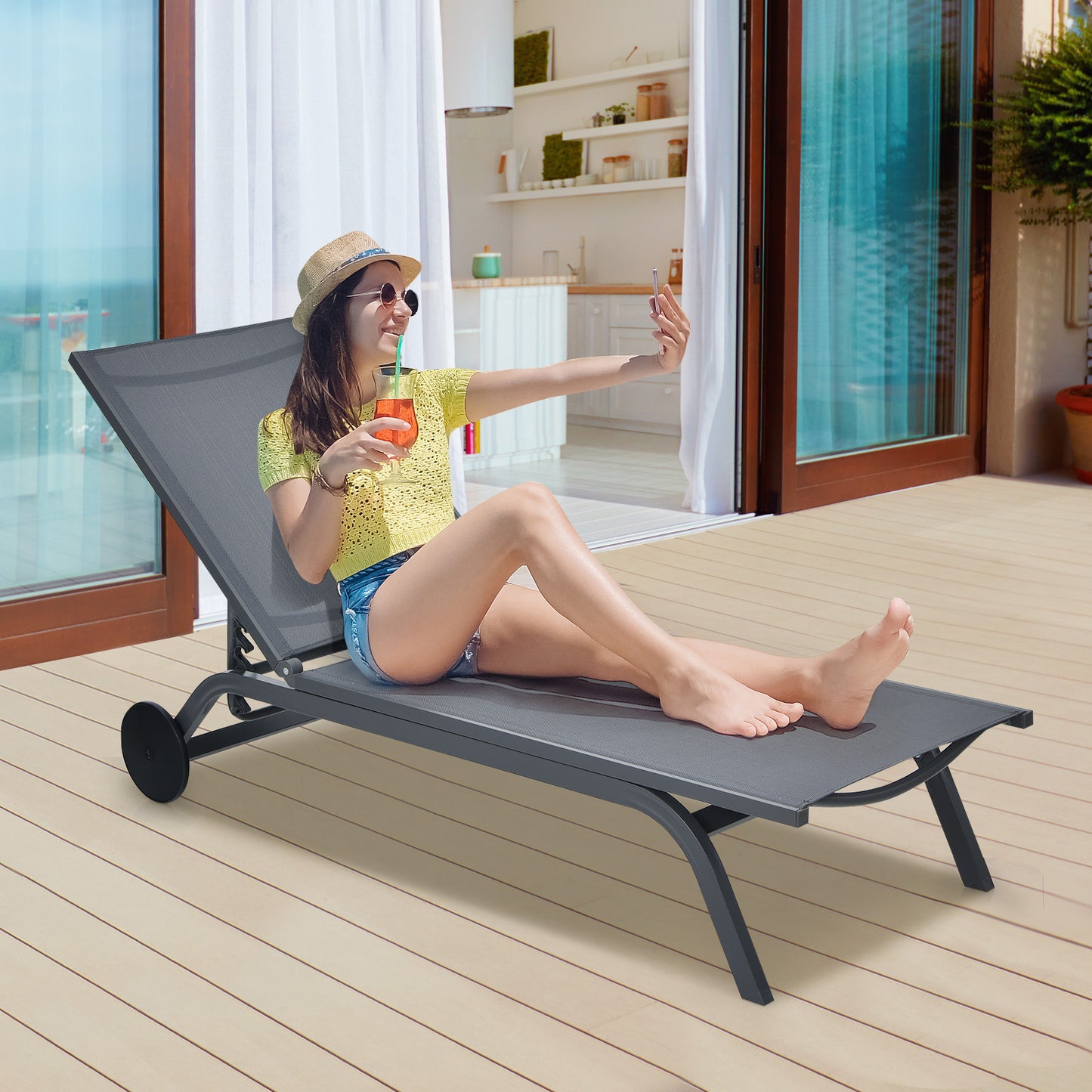 Adjustable Outdoor Chaise Lounge Chair with Wheels