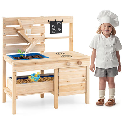 Outdoor Play Pretend Kitchen with Detachable Sandbox and Removable Sink-Natural