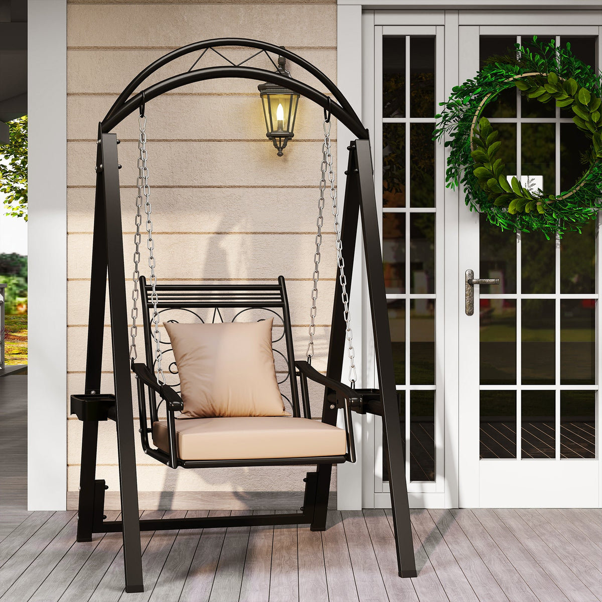 Outdoor Porch Swing with Removable Cushions and Side Tables for Garden Balcony-Black