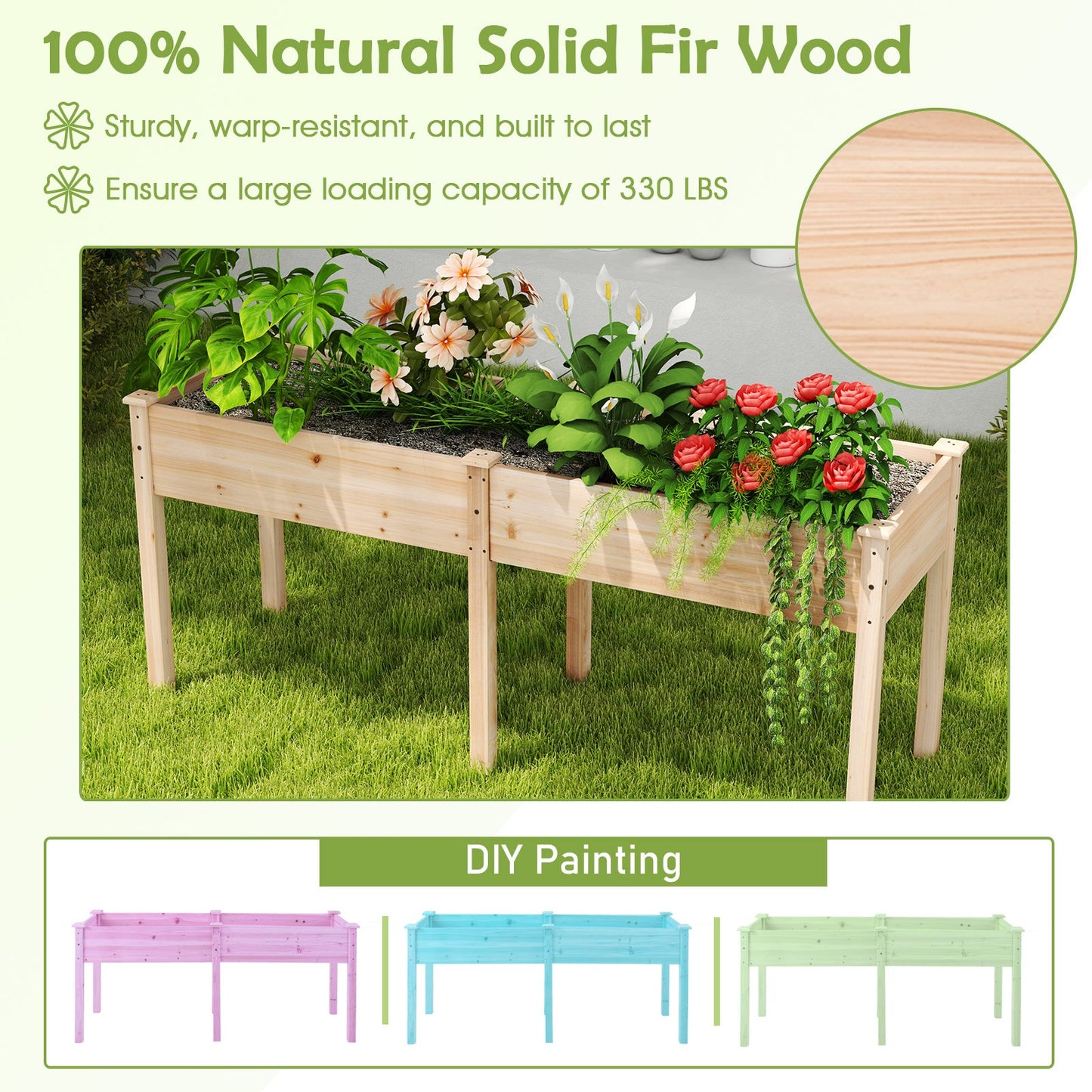 Fir Wood Outdoor Raised Garden Bed with Divider Panel and Drainage Holes