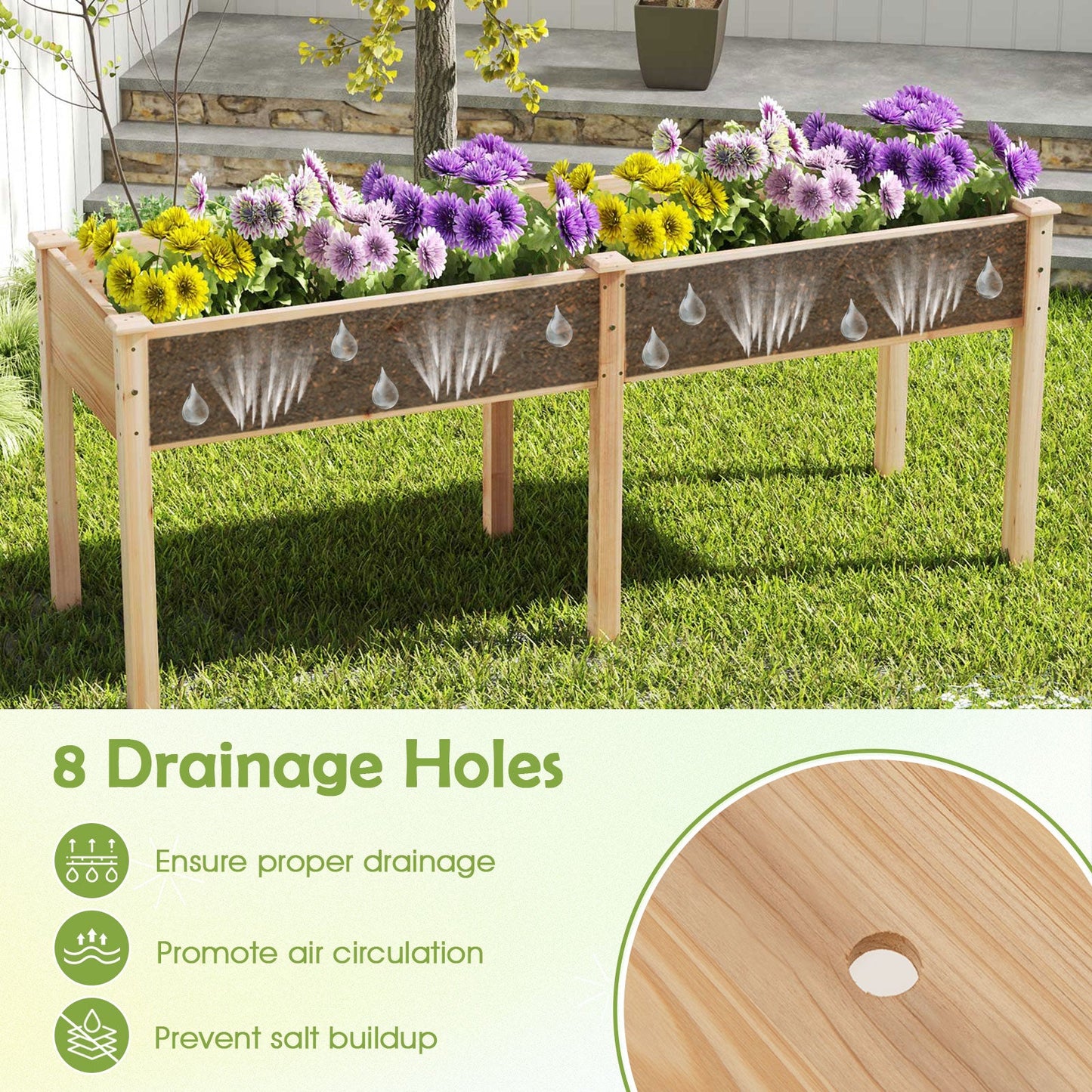 Fir Wood Outdoor Raised Garden Bed with Divider Panel and Drainage Holes
