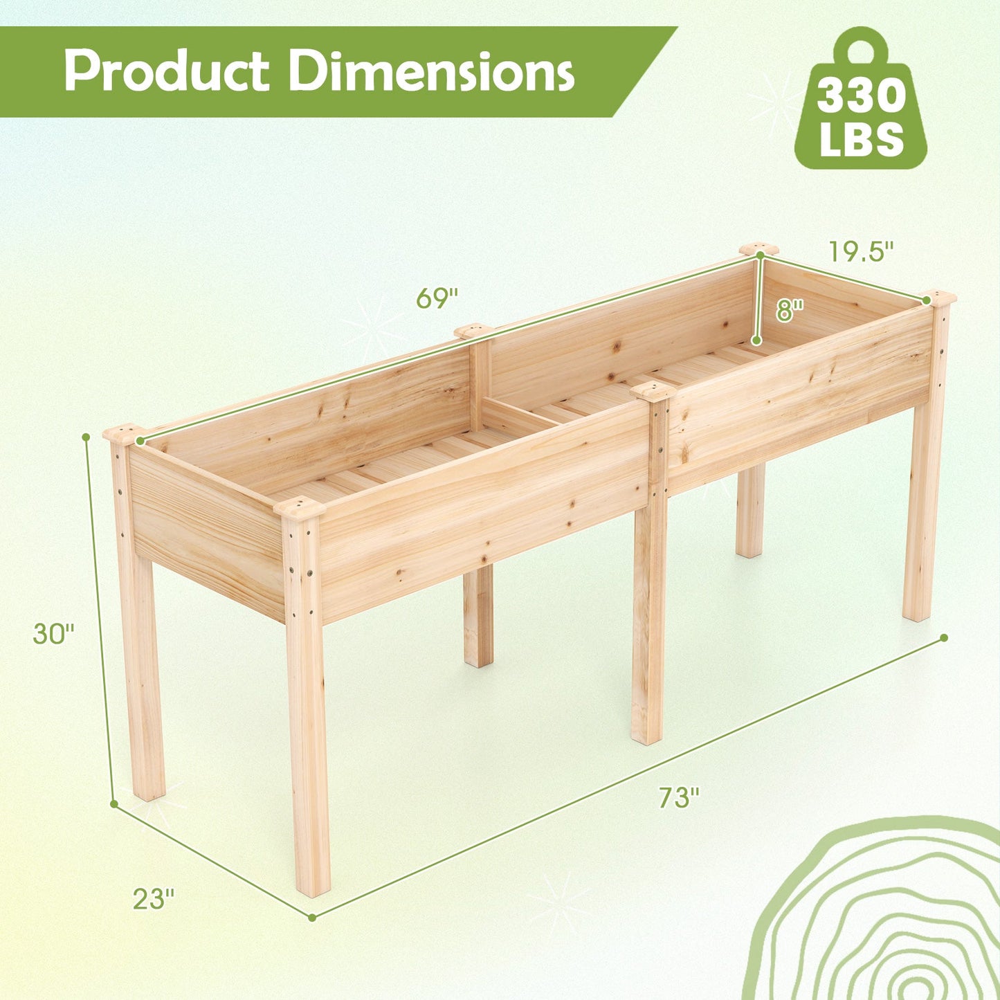 Fir Wood Outdoor Raised Garden Bed with Divider Panel and Drainage Holes