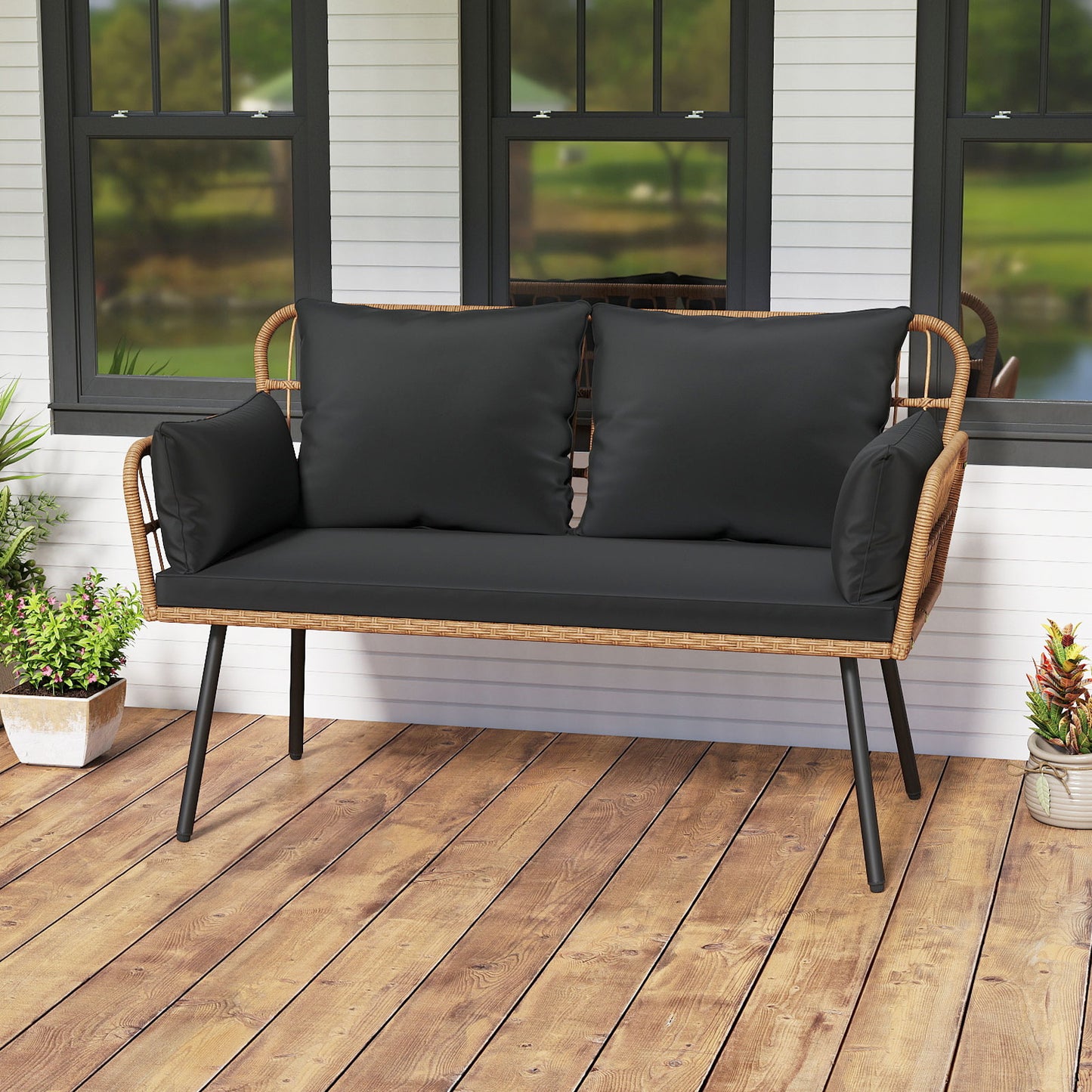 Outdoor Rattan Loveseat with Cushions and Armrests