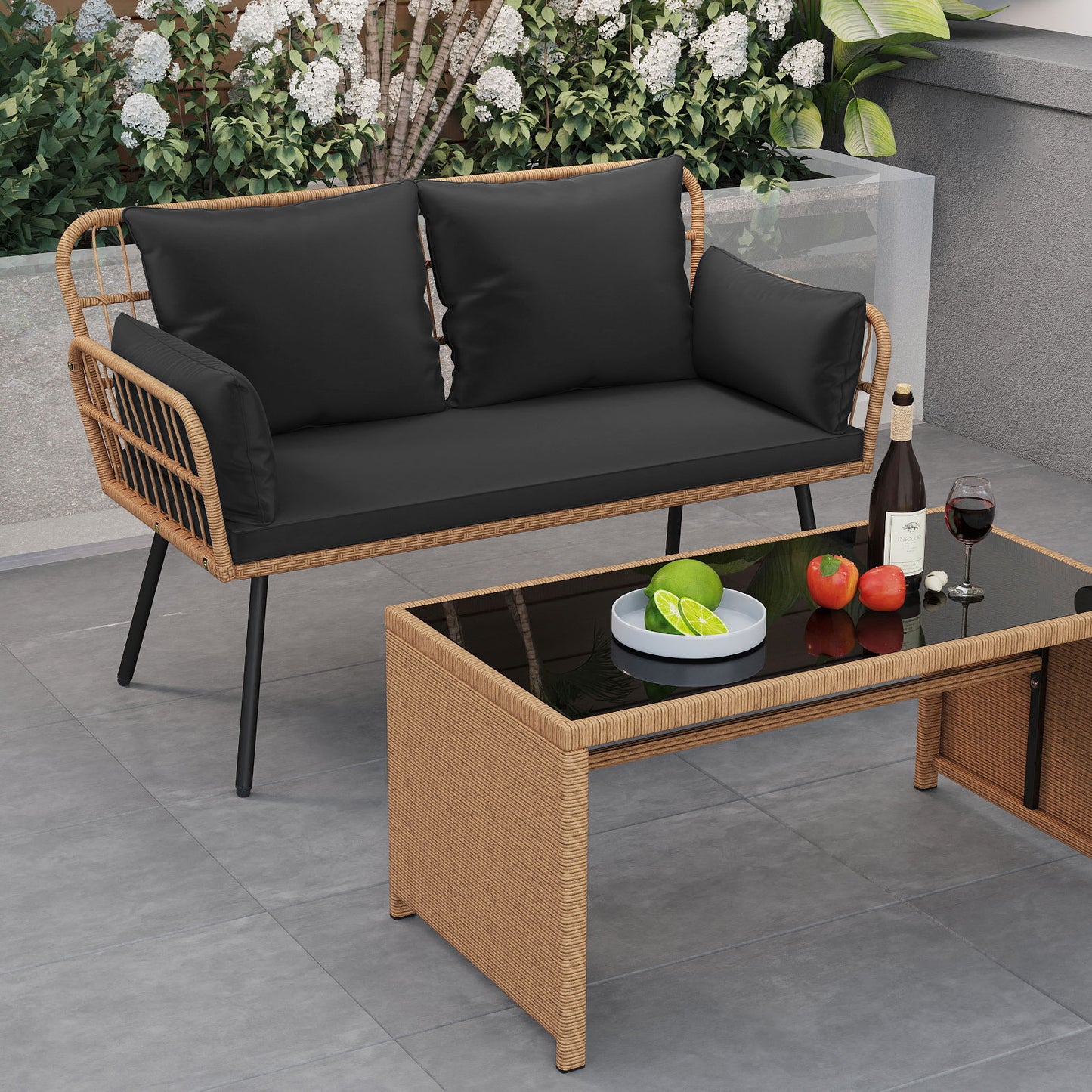 Outdoor Rattan Loveseat with Cushions and Armrests
