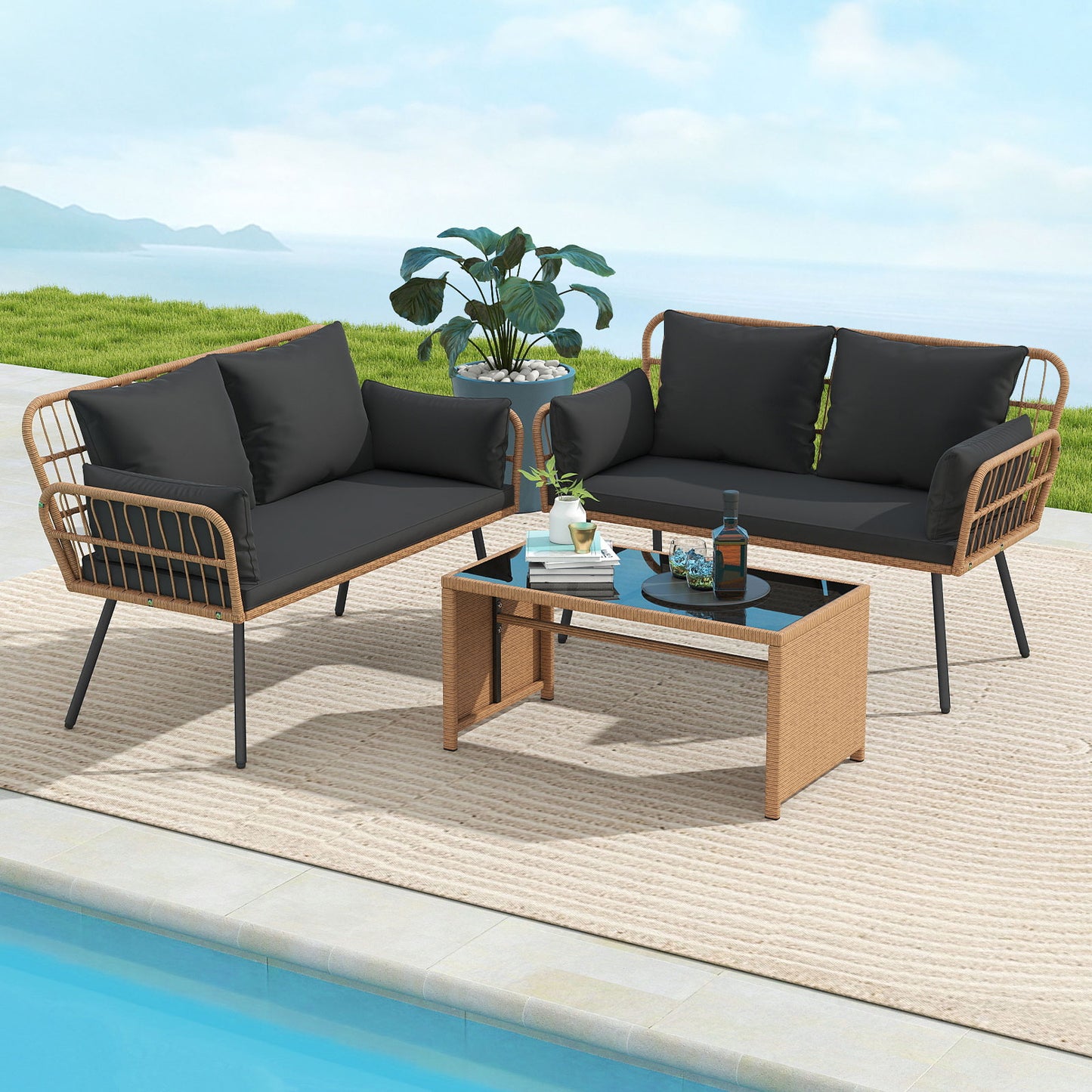 Outdoor Rattan Loveseat with Cushions and Armrests