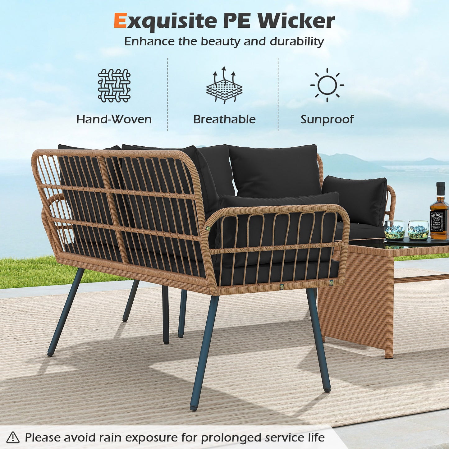 Outdoor Rattan Loveseat with Cushions and Armrests
