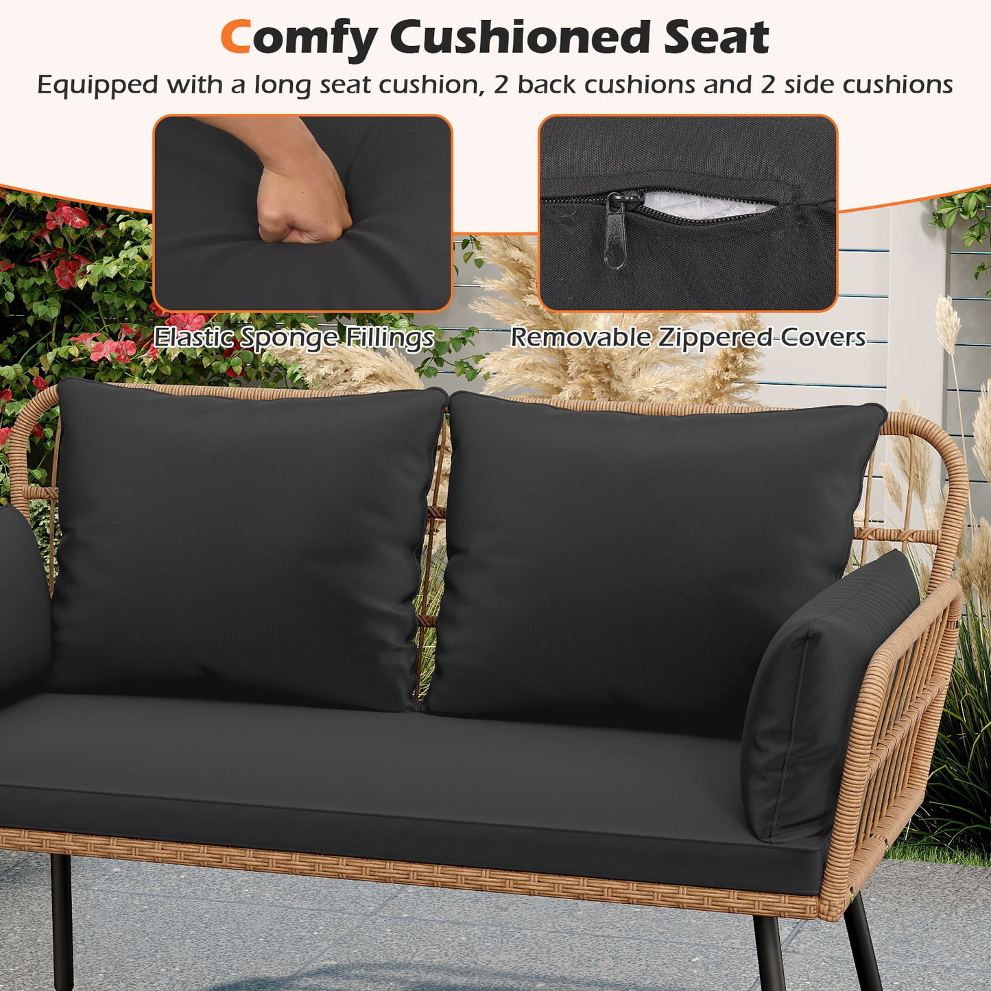 Outdoor Rattan Loveseat with Cushions and Armrests