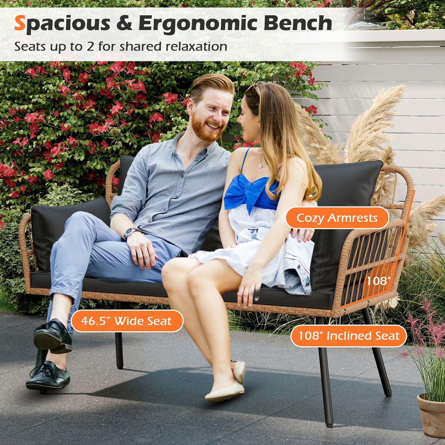 Outdoor Rattan Loveseat with Cushions and Armrests