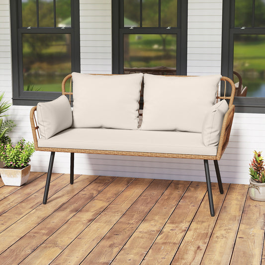 Outdoor Rattan Loveseat with Cushions and Armrests