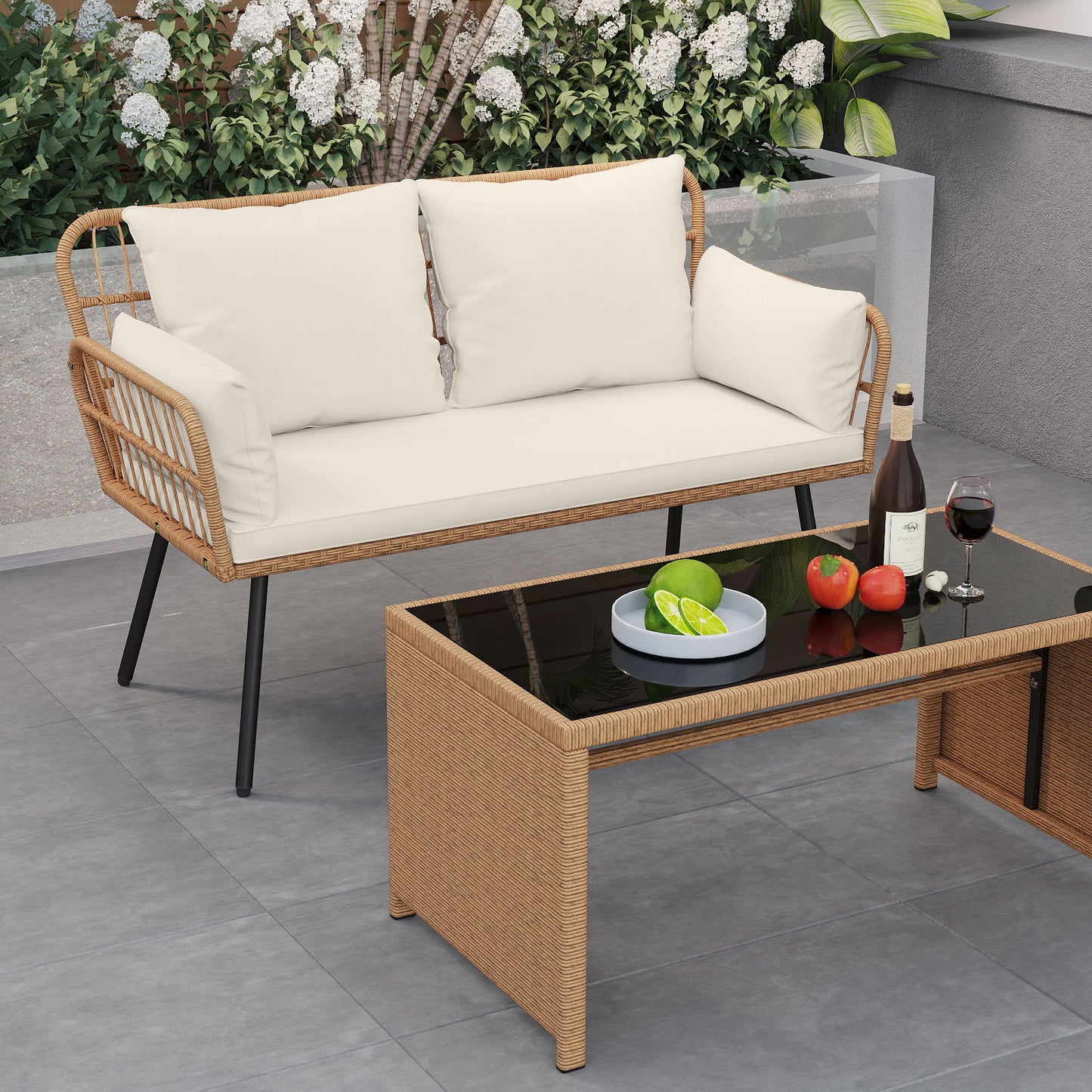 Outdoor Rattan Loveseat with Cushions and Armrests