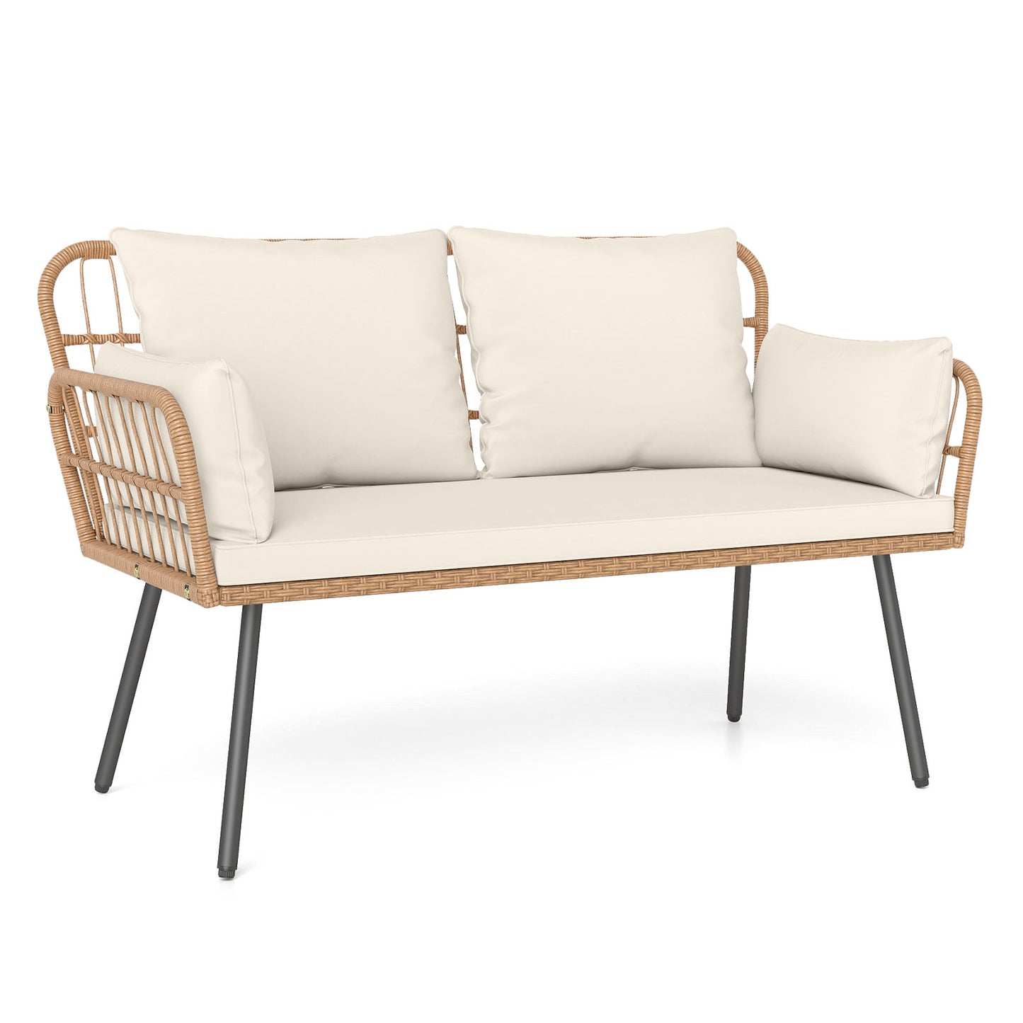Outdoor Rattan Loveseat with Cushions and Armrests