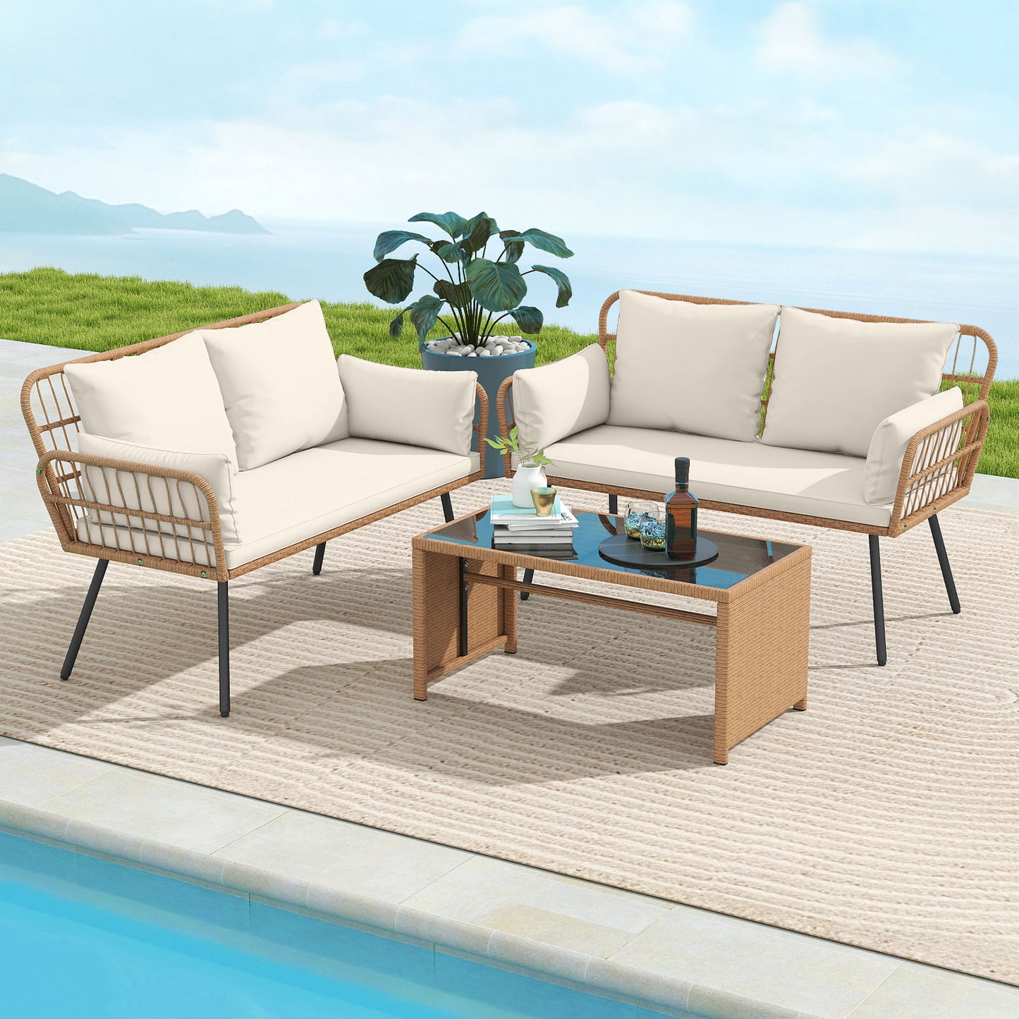 Outdoor Rattan Loveseat with Cushions and Armrests