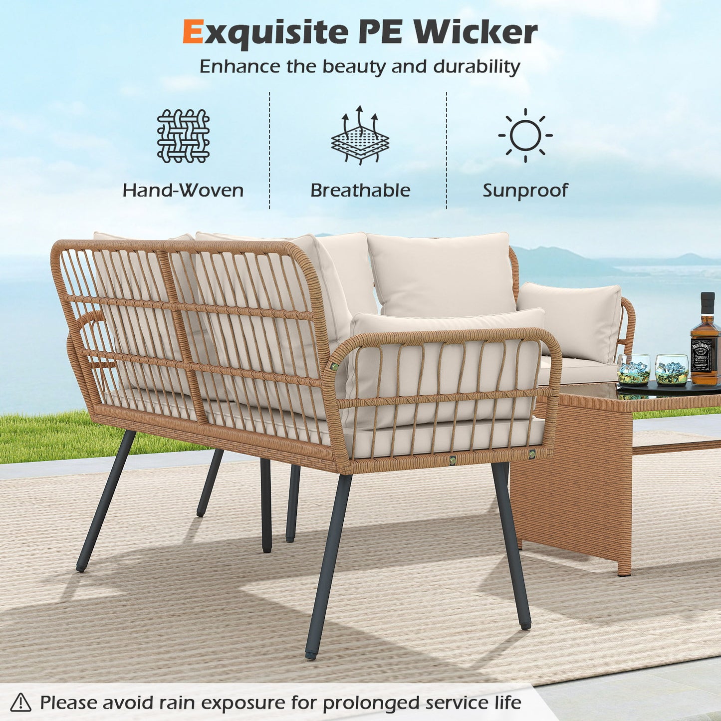 Outdoor Rattan Loveseat with Cushions and Armrests