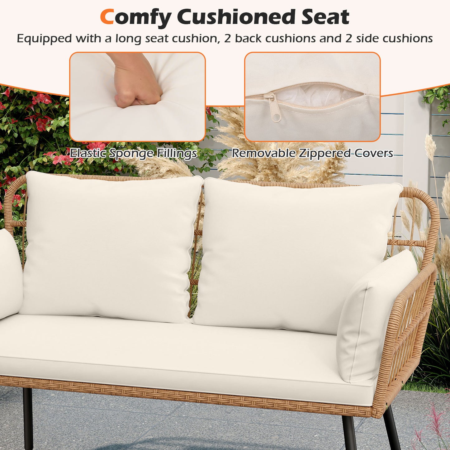 Outdoor Rattan Loveseat with Cushions and Armrests