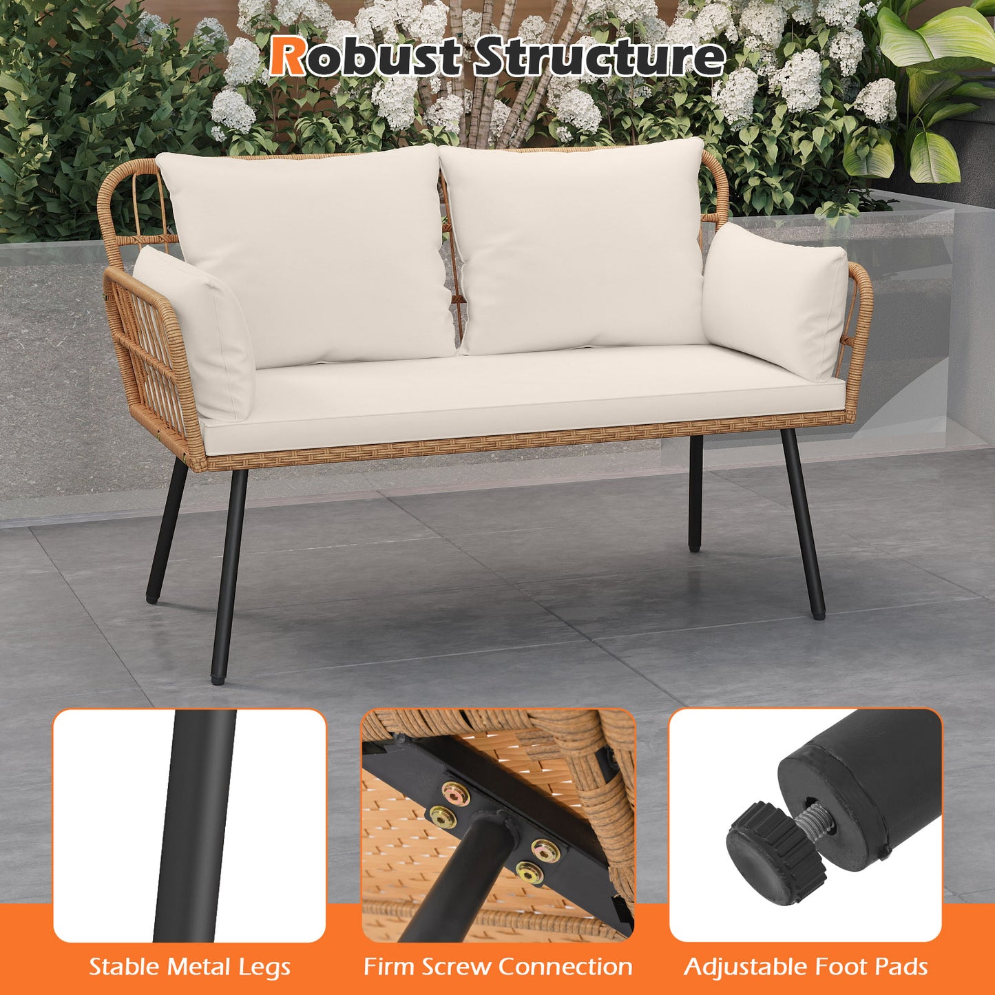 Outdoor Rattan Loveseat with Cushions and Armrests