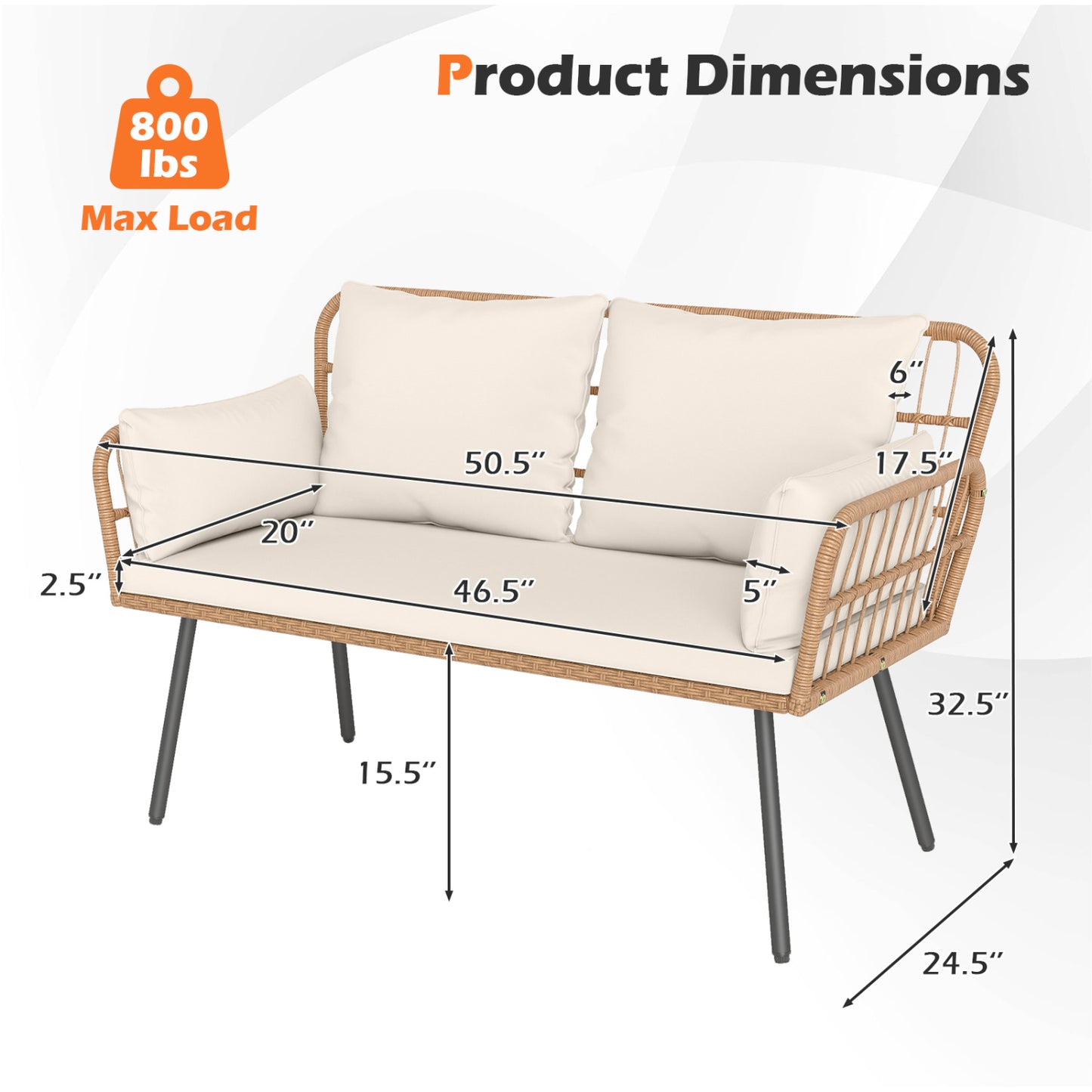 Outdoor Rattan Loveseat with Cushions and Armrests