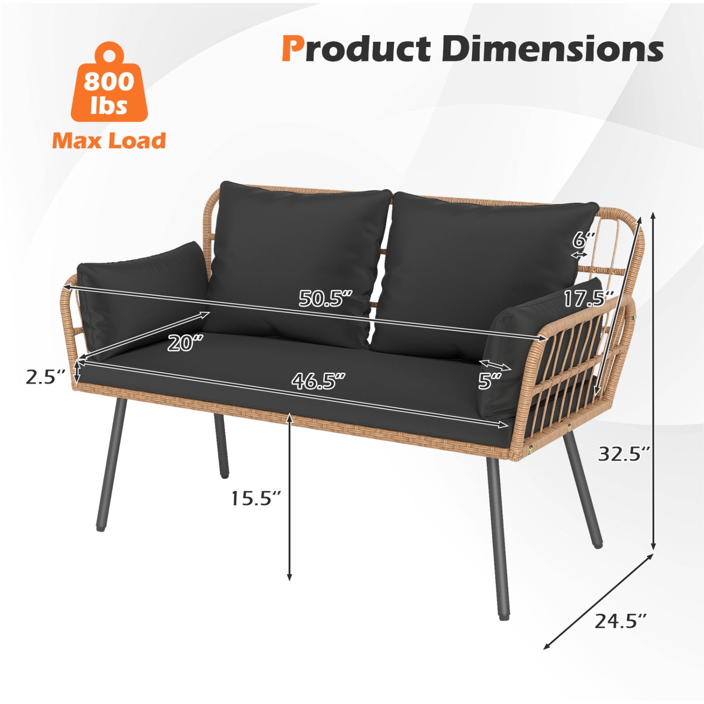 Outdoor Rattan Loveseat with Cushions and Armrests