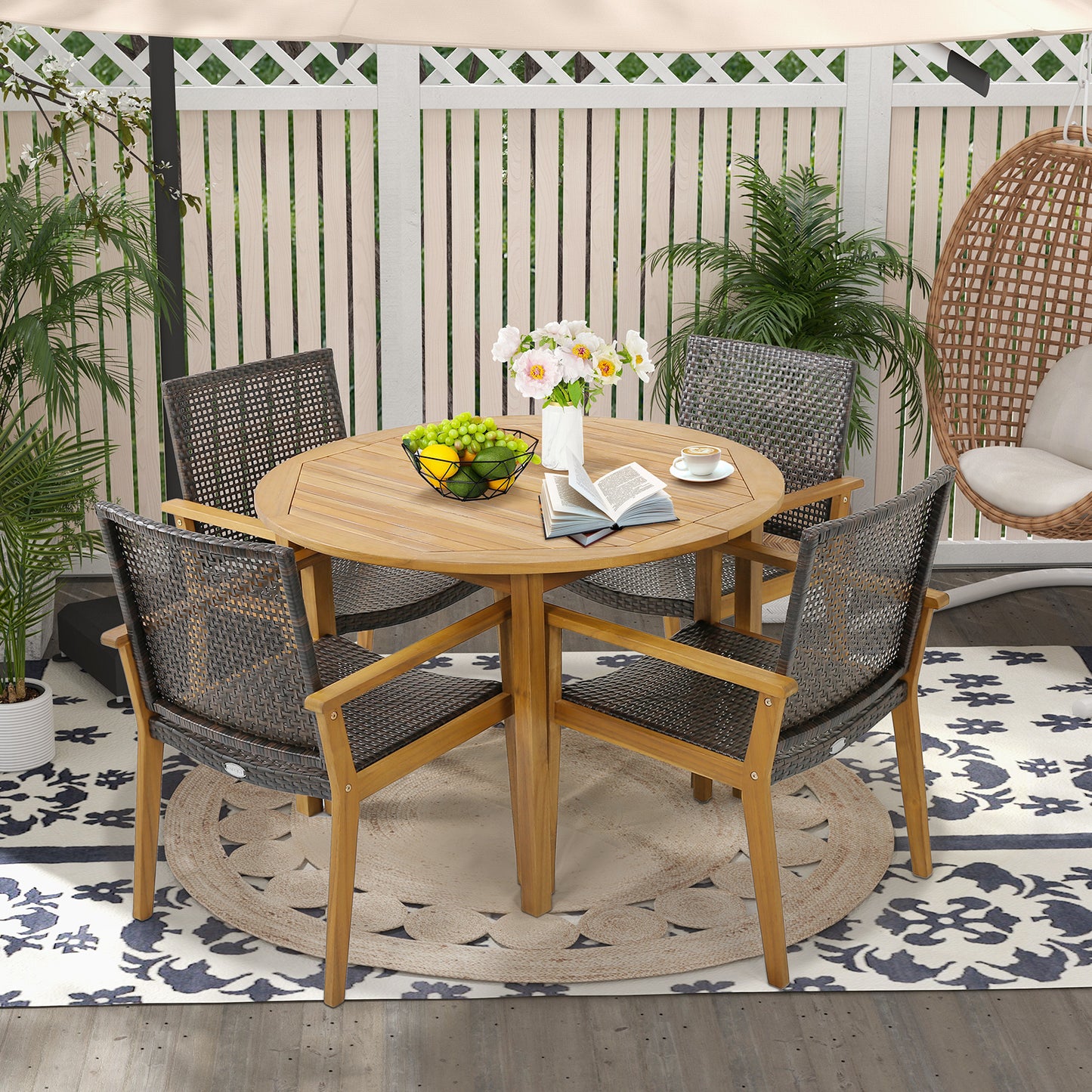 Outdoor Rattan Dining Chairs Set of 4 with Acacia Wood Frame