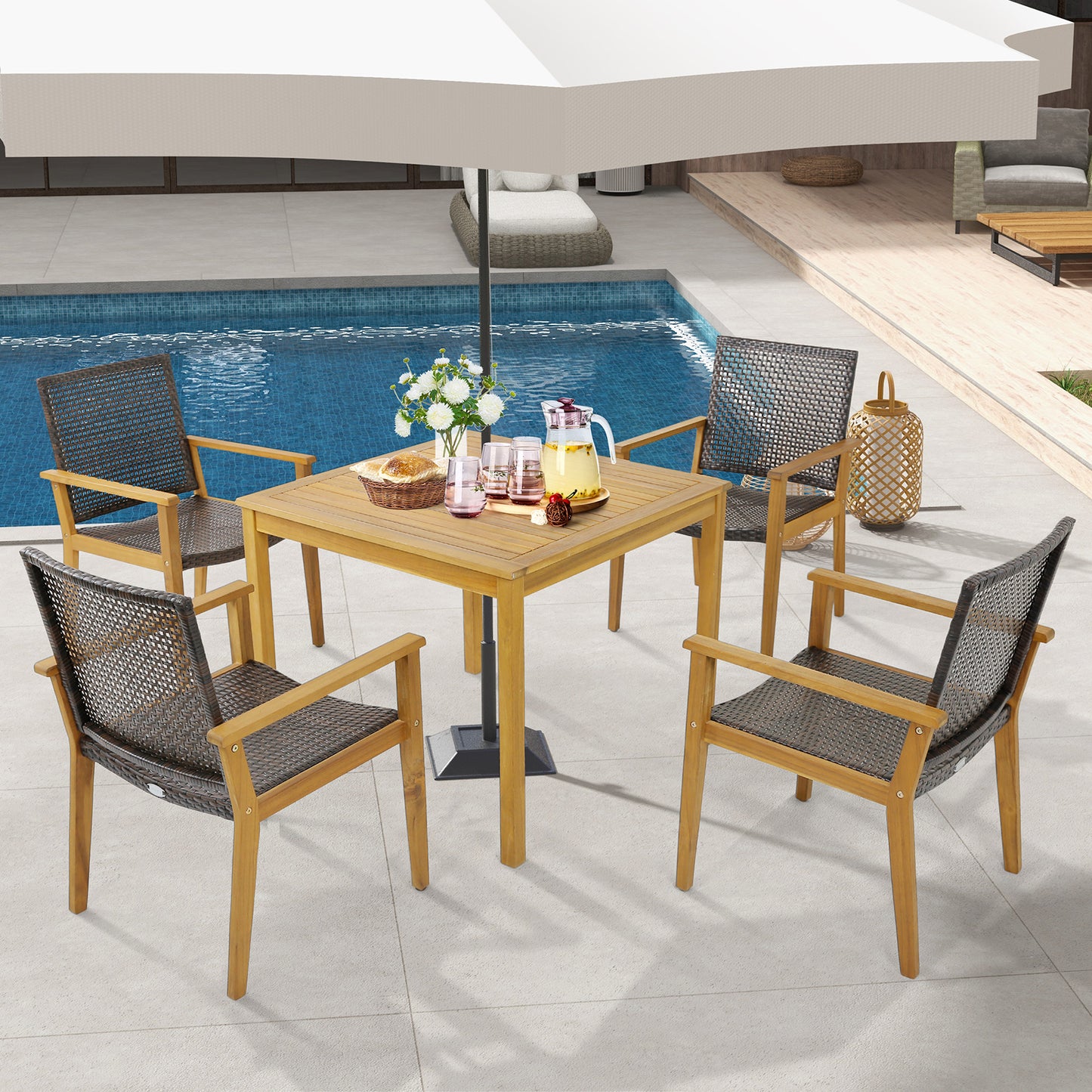 Outdoor Rattan Dining Chairs Set of 4 with Acacia Wood Frame