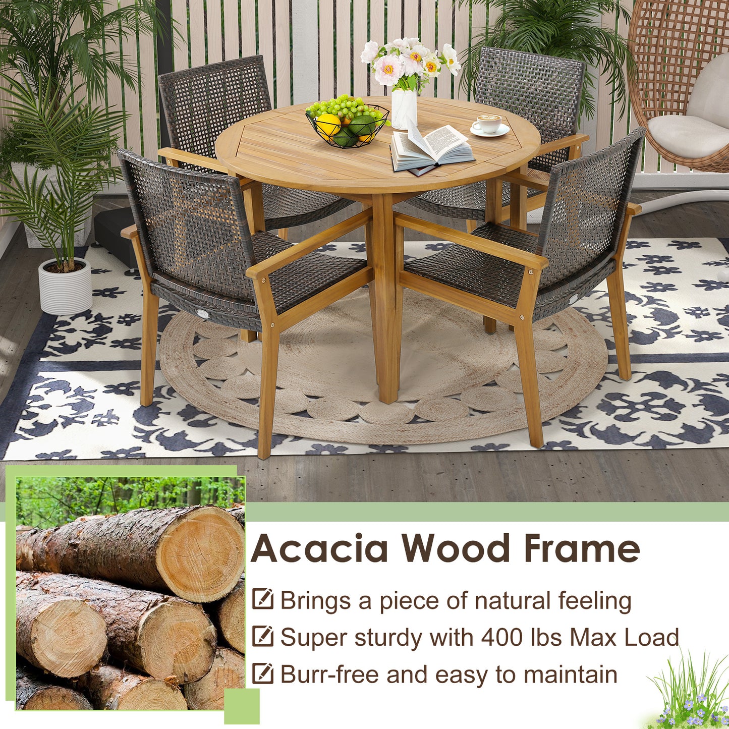 Outdoor Rattan Dining Chairs Set of 4 with Acacia Wood Frame