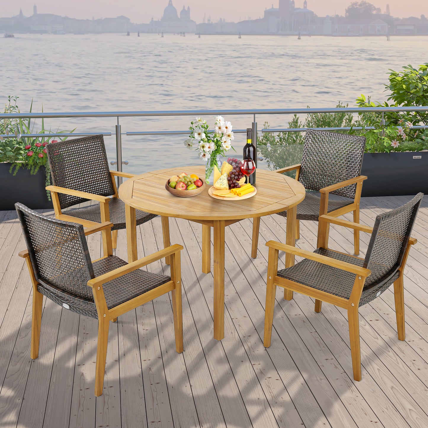 Outdoor Rattan Dining Chairs Set of 4 with Acacia Wood Frame