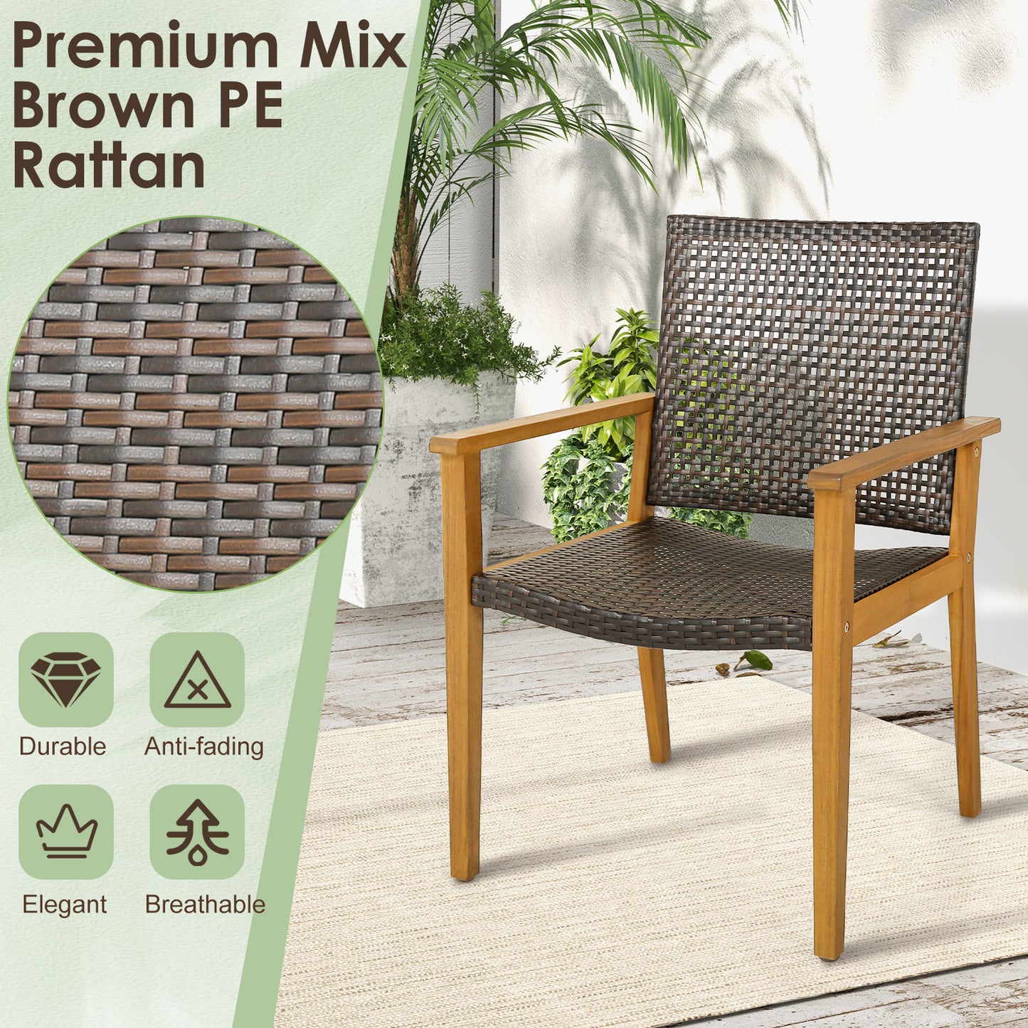 Outdoor Rattan Dining Chairs Set of 4 with Acacia Wood Frame