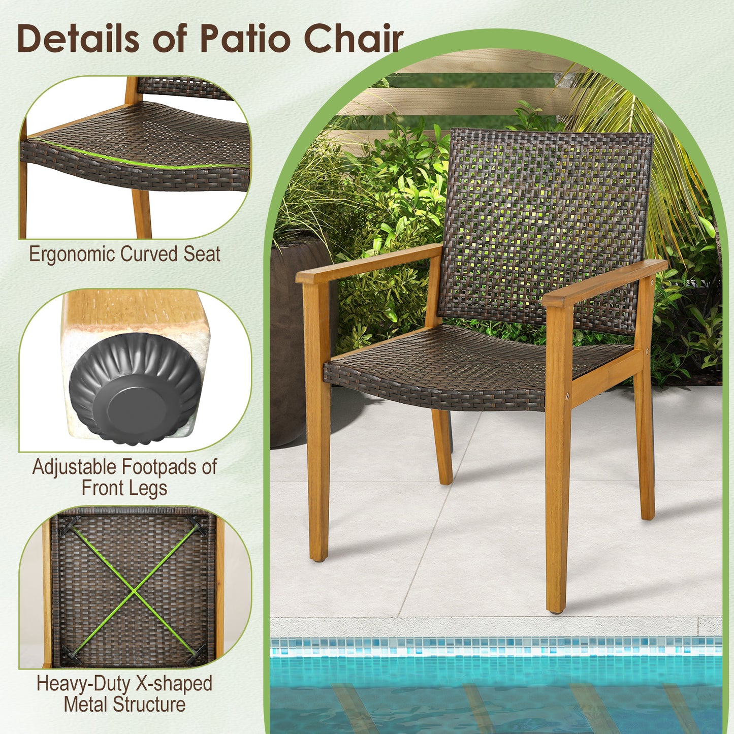 Outdoor Rattan Dining Chairs Set of 4 with Acacia Wood Frame