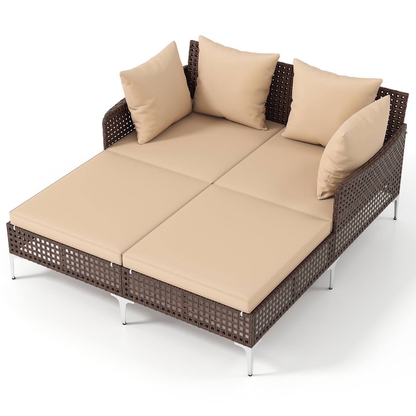 Double Chaise Lounge Daybed with Cushions - Wicker Rattan