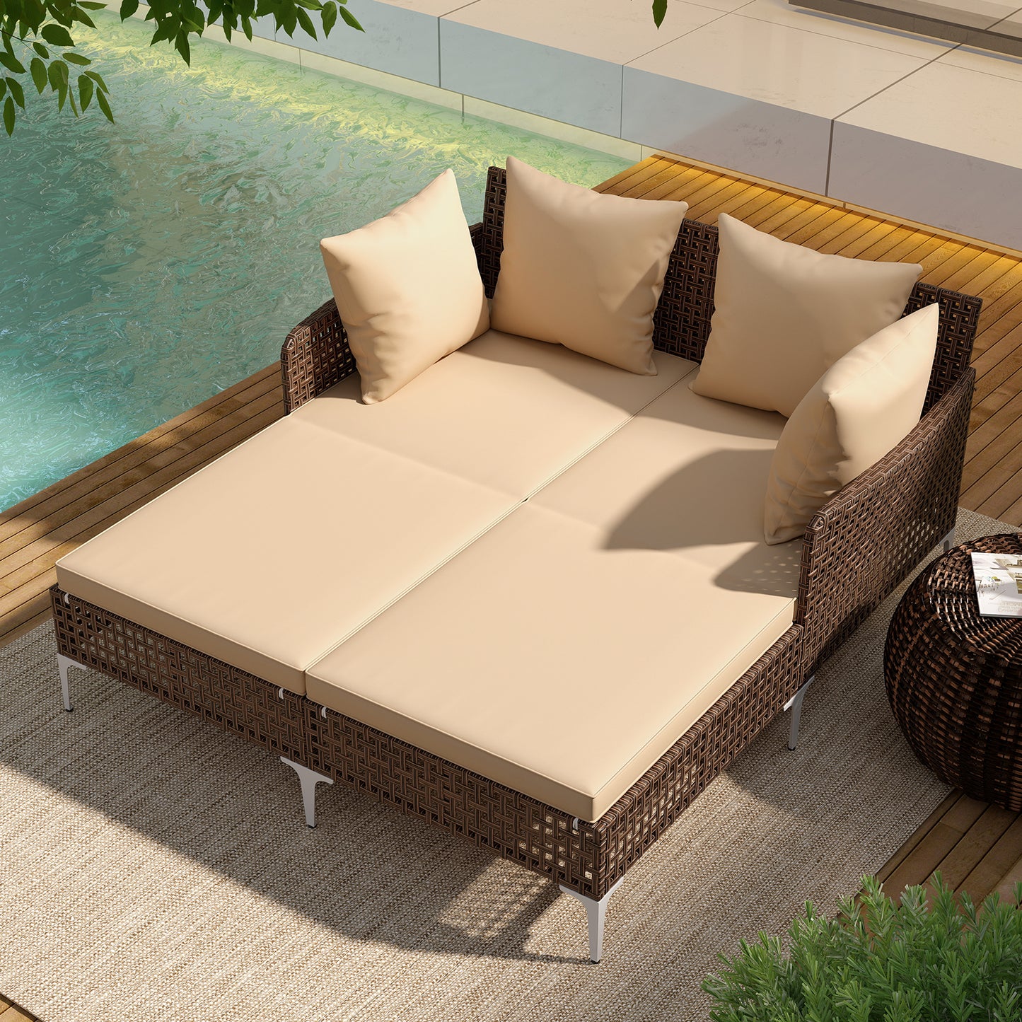 Double Chaise Lounge Daybed with Cushions - Wicker Rattan