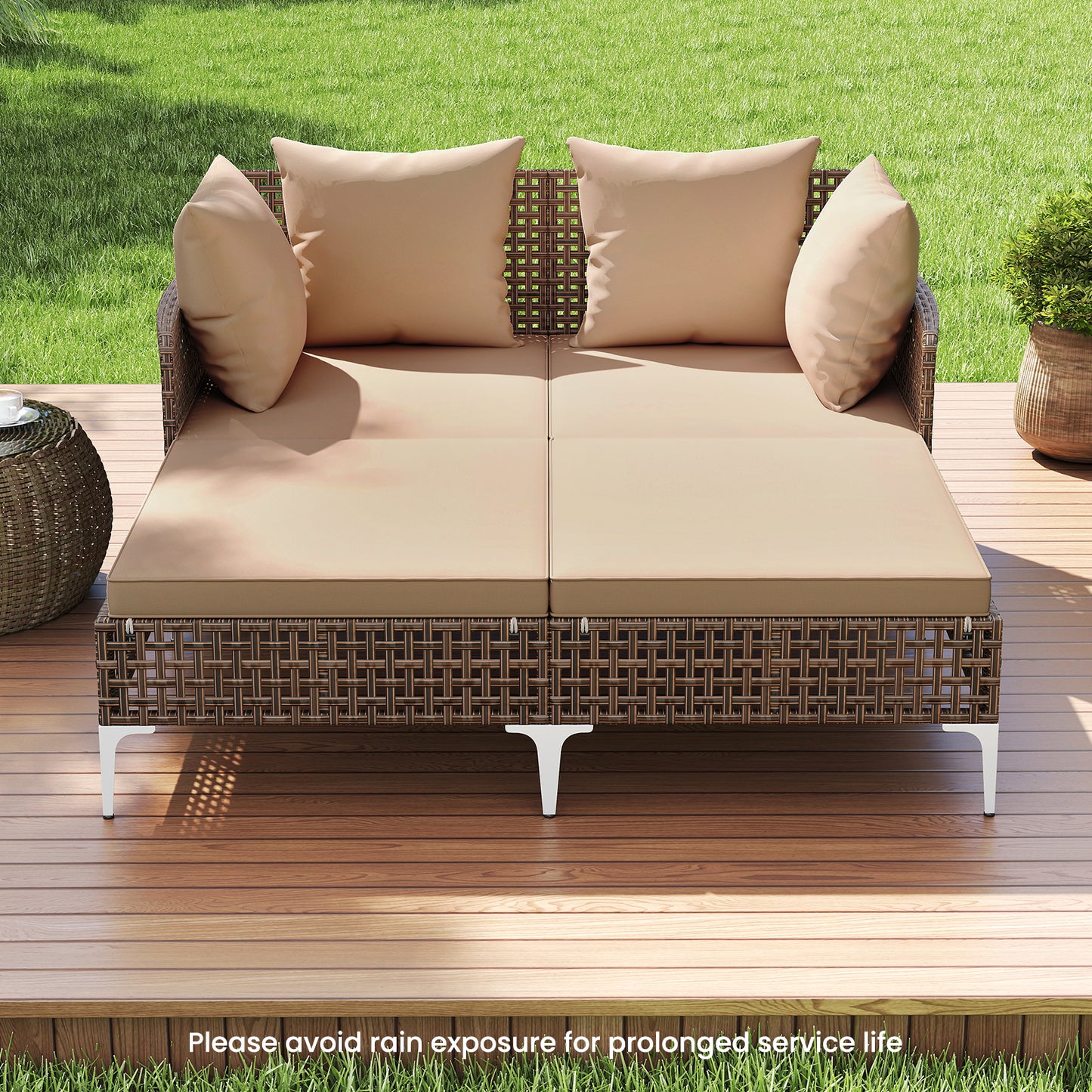 Double Chaise Lounge Daybed with Cushions - Wicker Rattan