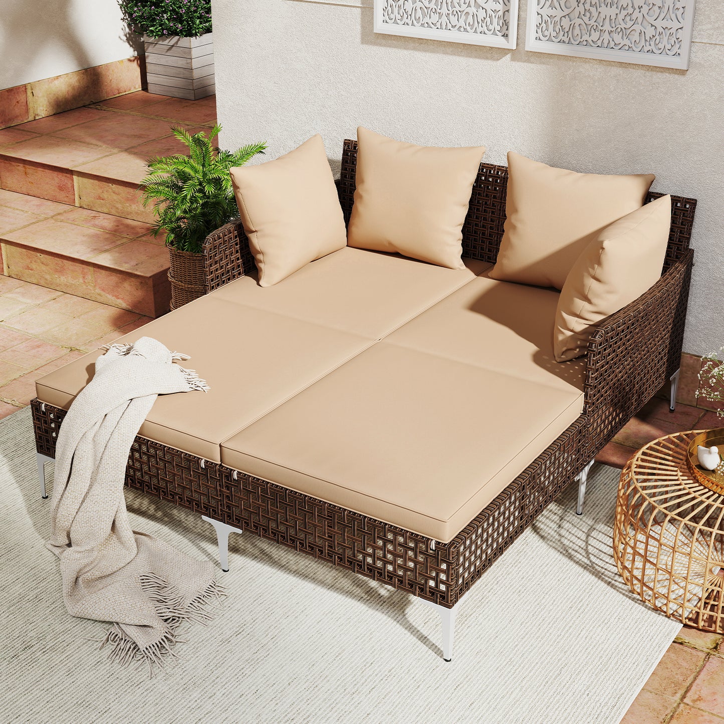 Double Chaise Lounge Daybed with Cushions - Wicker Rattan