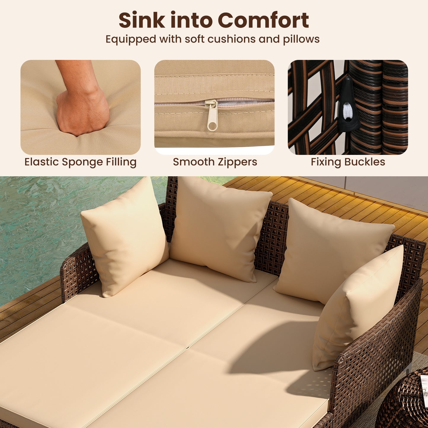 Double Chaise Lounge Daybed with Cushions - Wicker Rattan