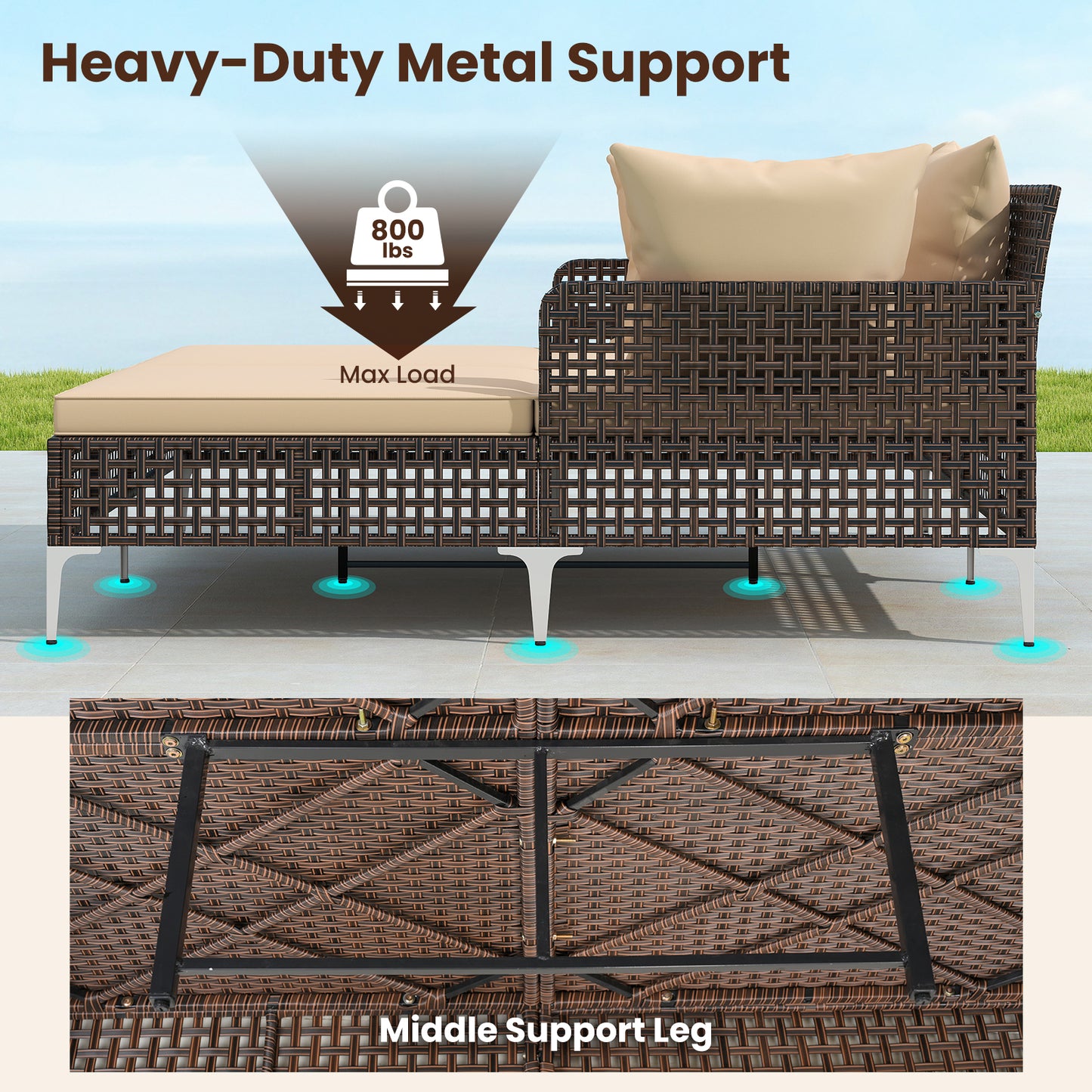 Double Chaise Lounge Daybed with Cushions - Wicker Rattan