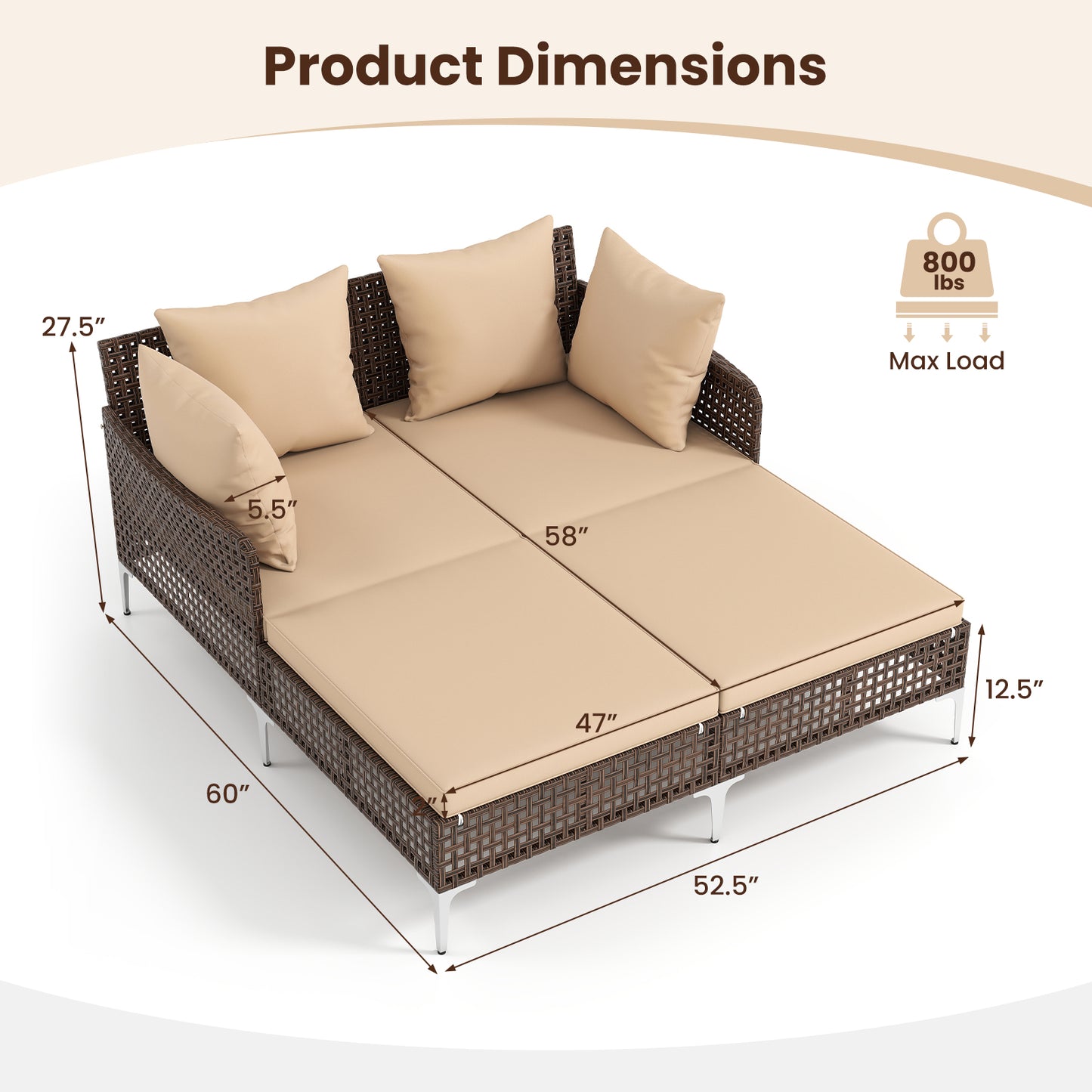 Double Chaise Lounge Daybed with Cushions - Wicker Rattan