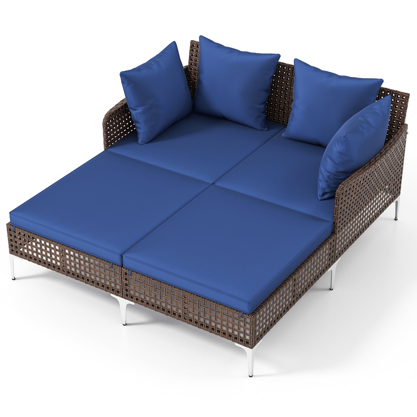 Double Chaise Lounge Daybed with Cushions - Wicker Rattan
