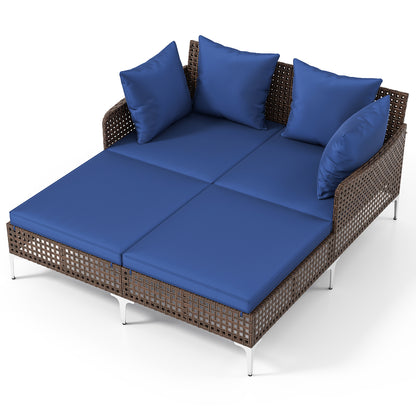 Double Chaise Lounge Daybed with Cushions - Wicker Rattan
