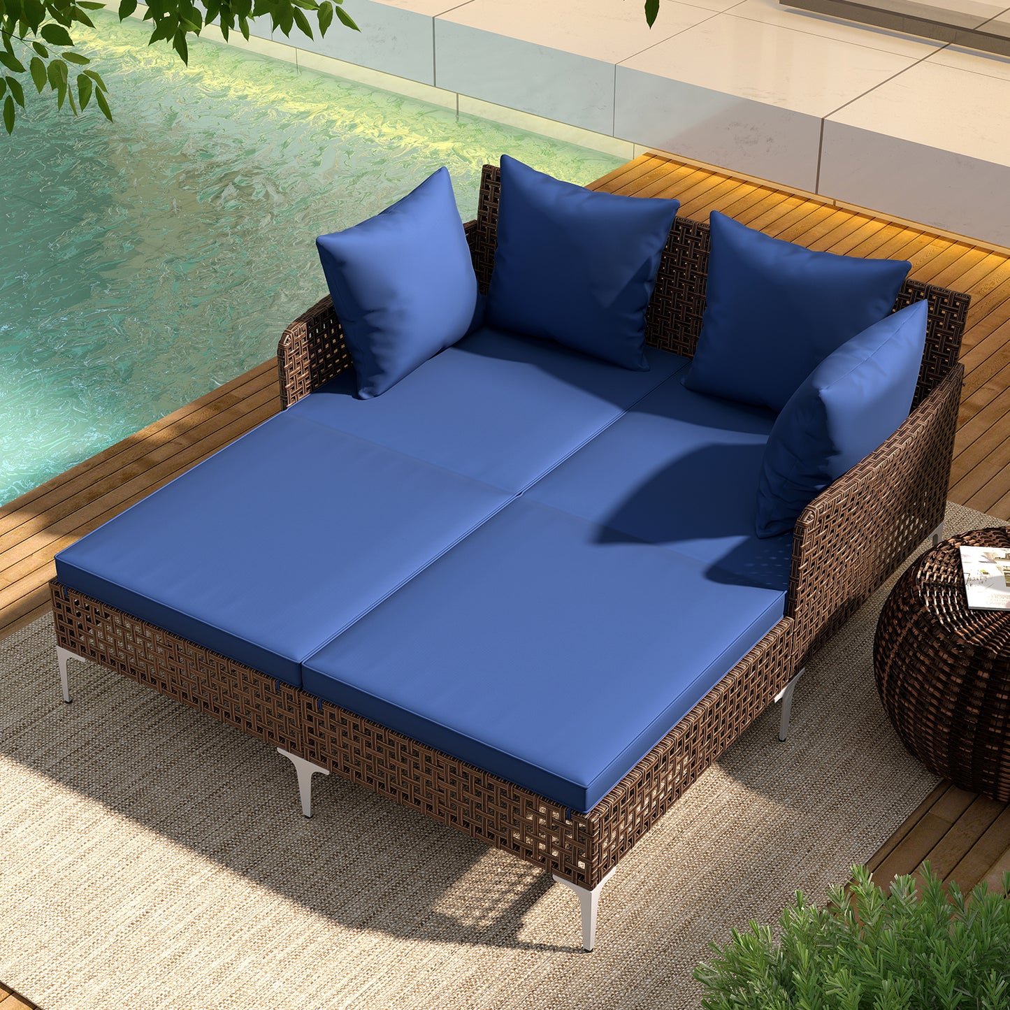 Double Chaise Lounge Daybed with Cushions - Wicker Rattan