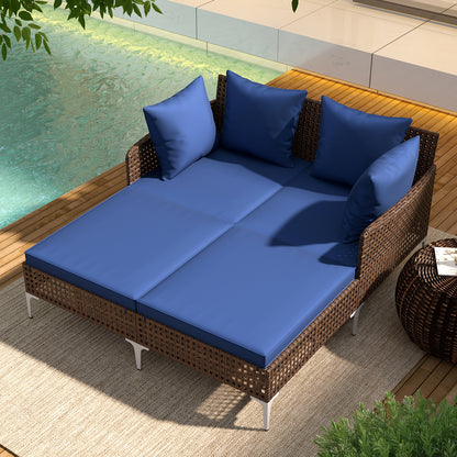 Double Chaise Lounge Daybed with Cushions - Wicker Rattan